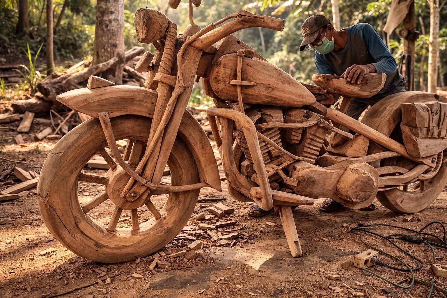 Komplett aus Holz geschnitztes Motorrad — Handwerkskunst im Atelier