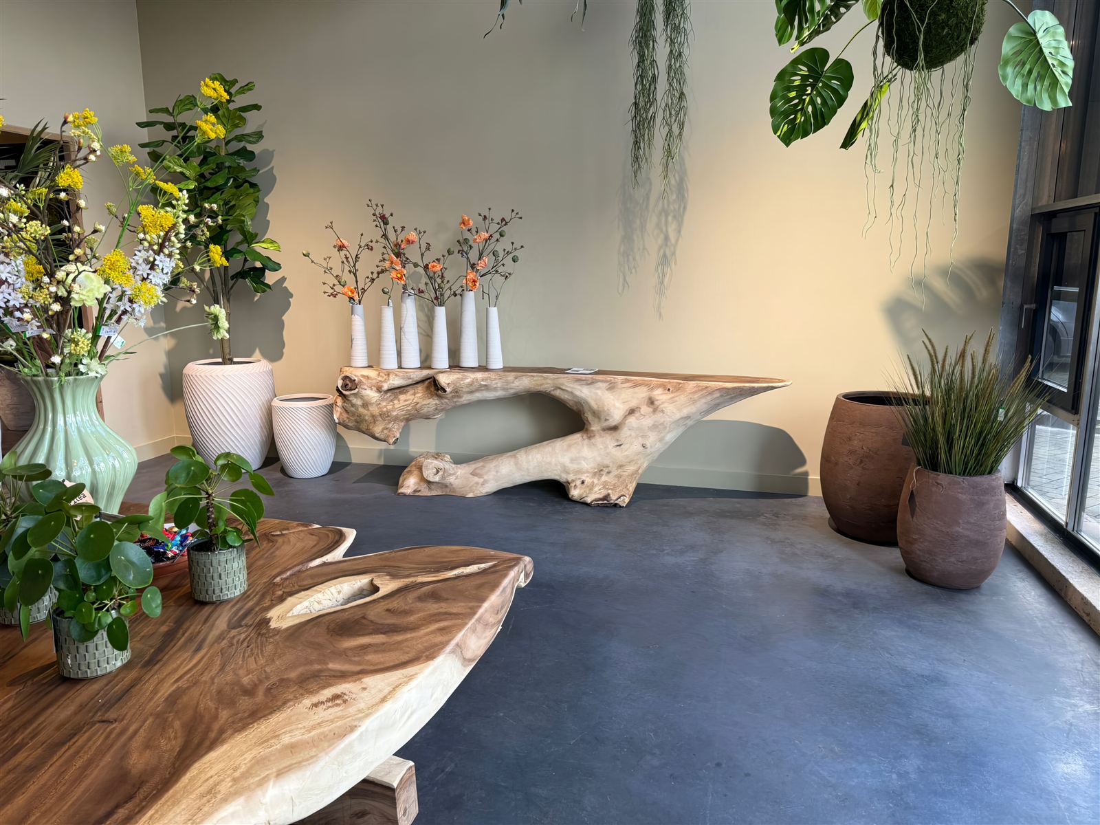 Showroom mit Massivholztisch und maßgefertigtem Grün