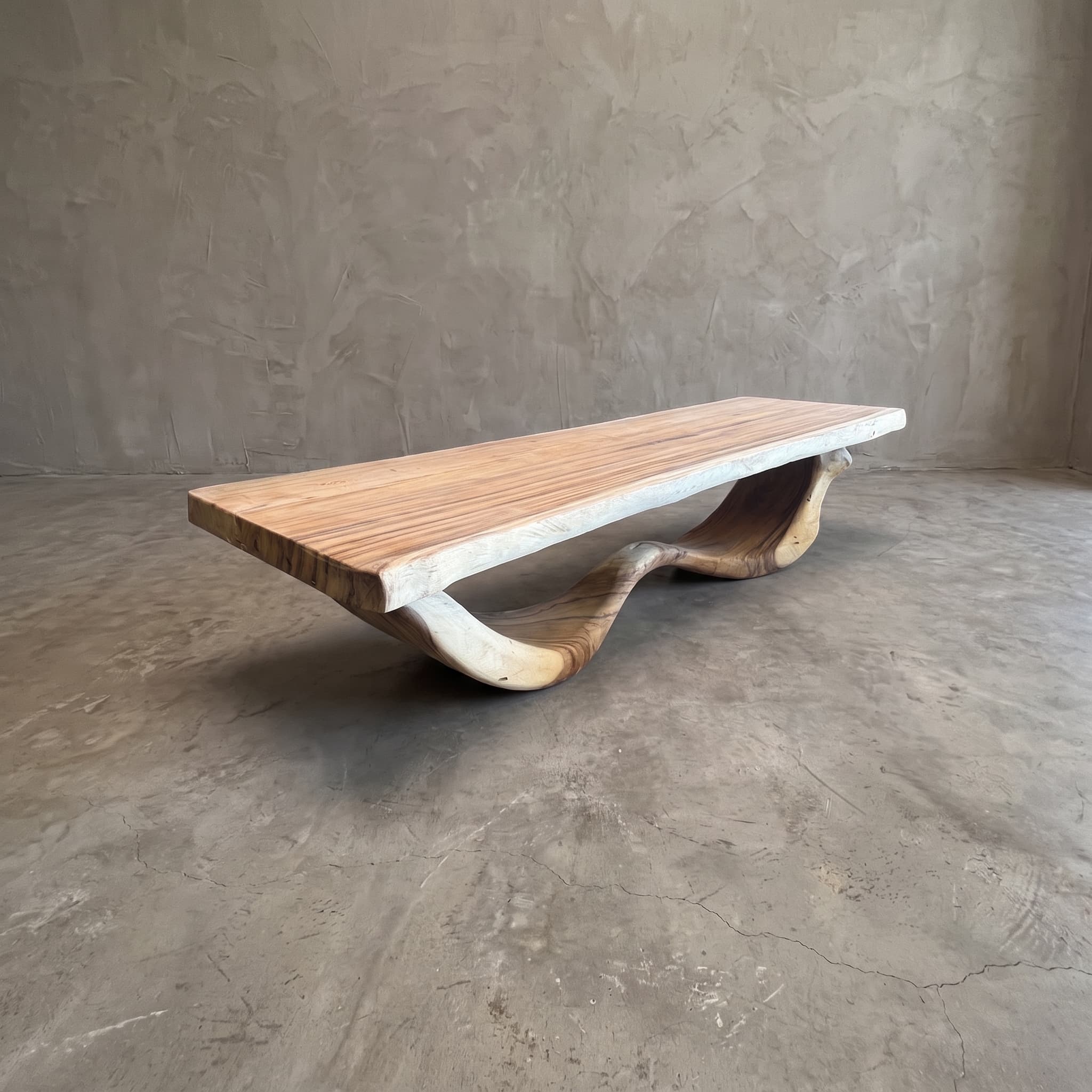 Salontafel Safir van suarhout, met golvende voet, schuin zijaanzicht van het lange blad boven de voet