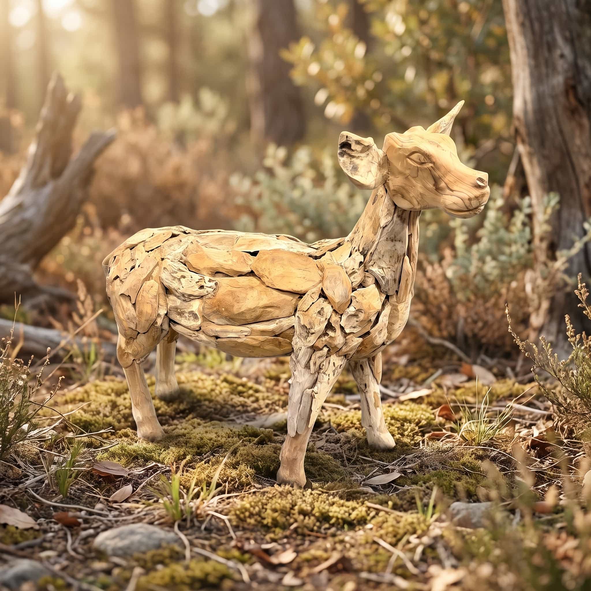 Hinde van gerecycled teak, zijaanzicht van de staande hinde met grote oren en geheven kop