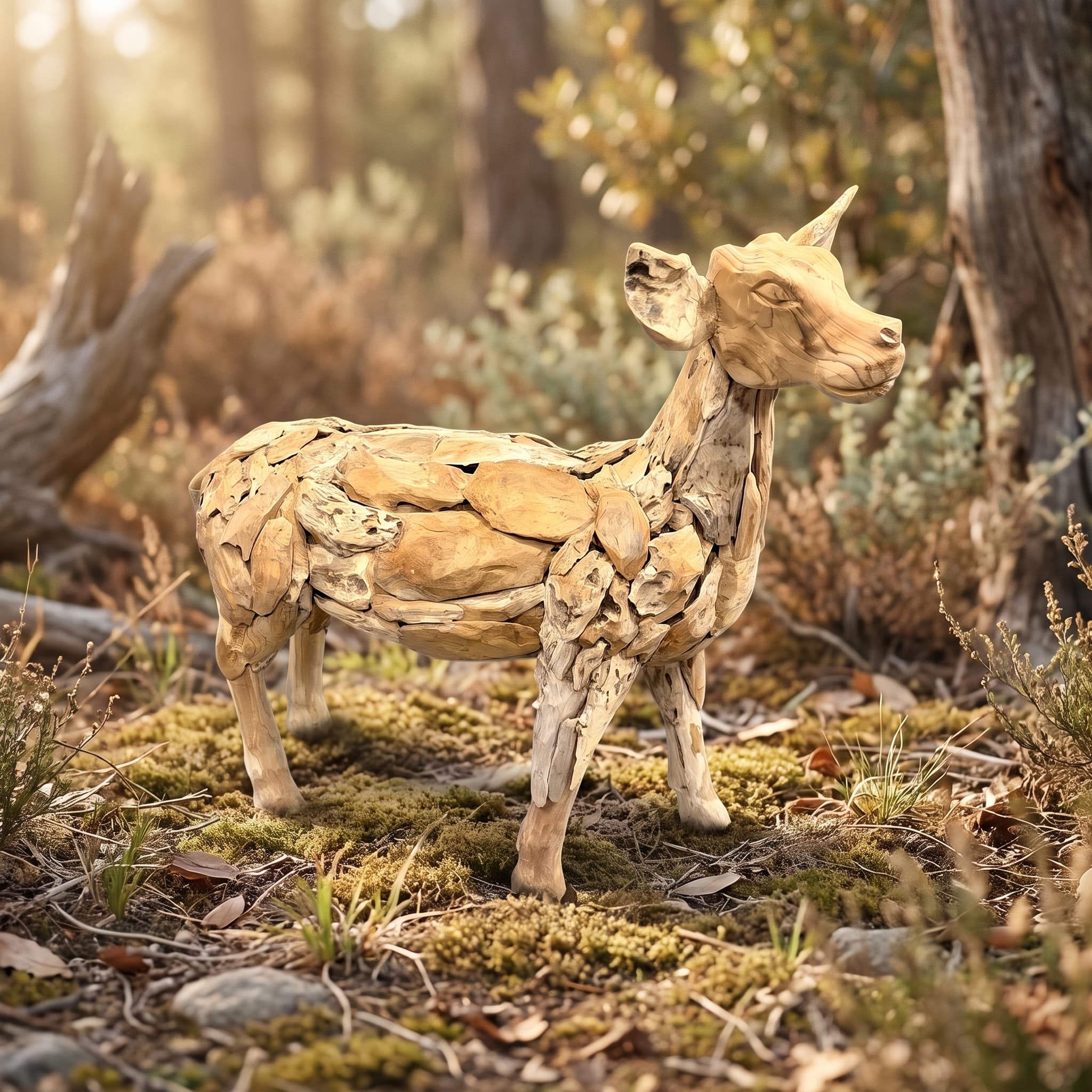 Hinde van gerecycled teak, zijaanzicht van de staande hinde met grote oren en geheven kop