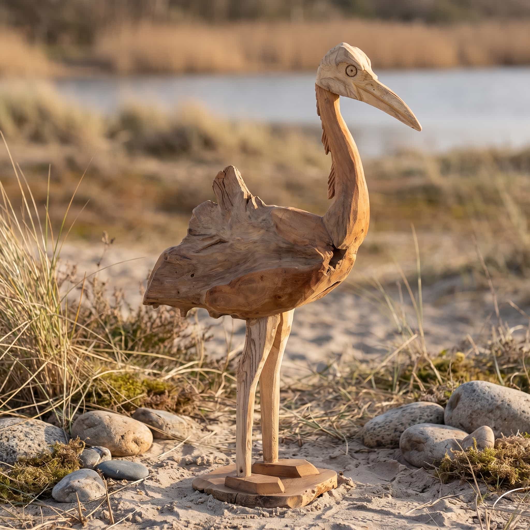 Pelikaan van gerecycled teak, zijaanzicht van de vogel op lange, dunne poten met de snavel naar voren