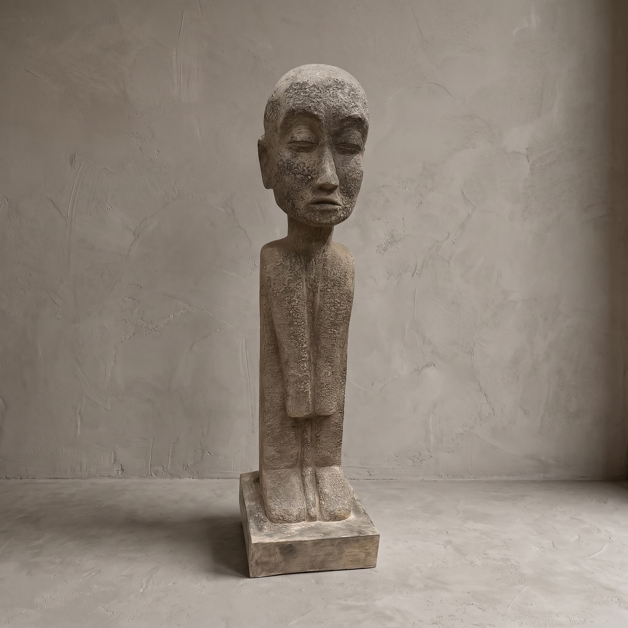 Beeld Konggo 2 van polystone, vooraanzicht van het koepelvormige hoofd met zware oogleden en kleine mond boven een smal lijf