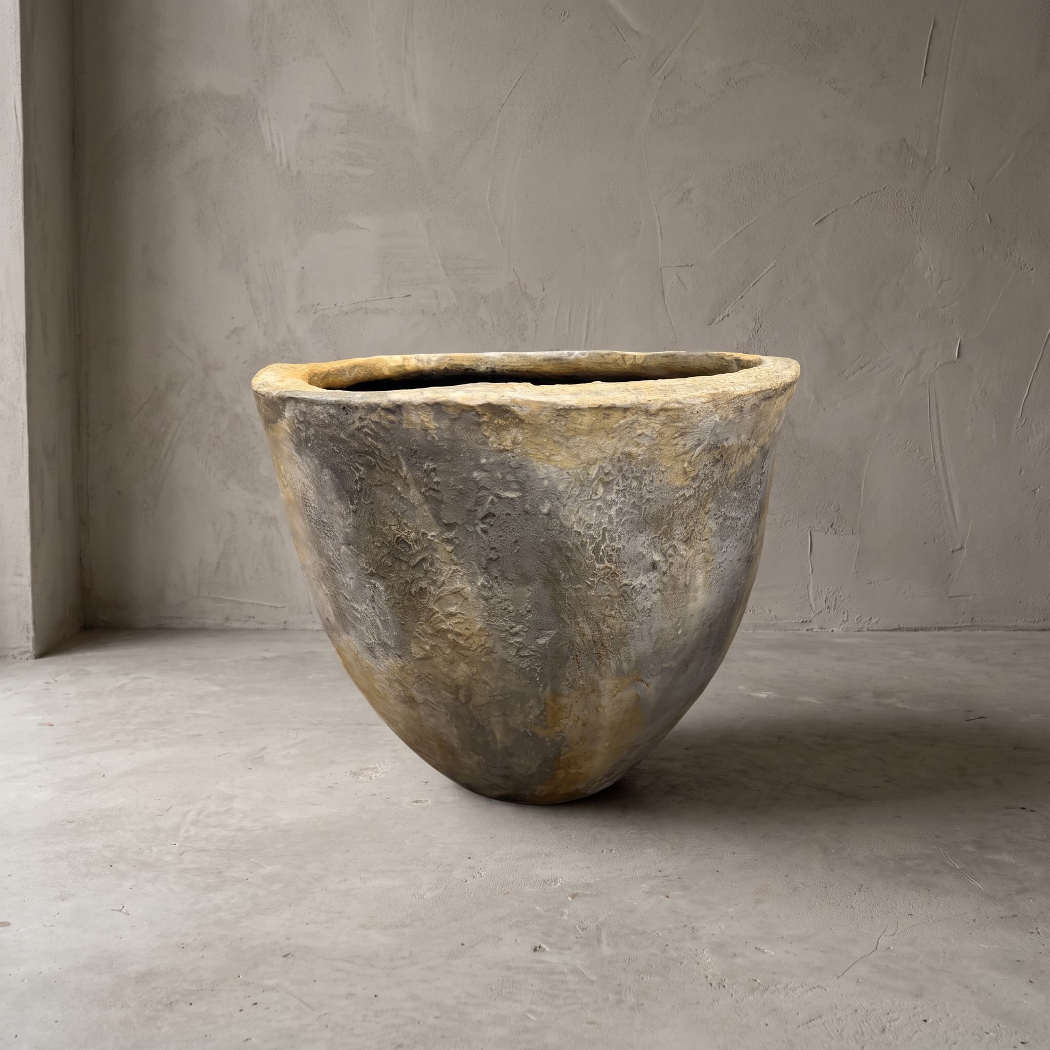 Pot van polystone, kegelvorm, 50 cm, vooraanzicht van de brede tapse pot met een dikke rand en een grijs en okergeel gevlekte wand