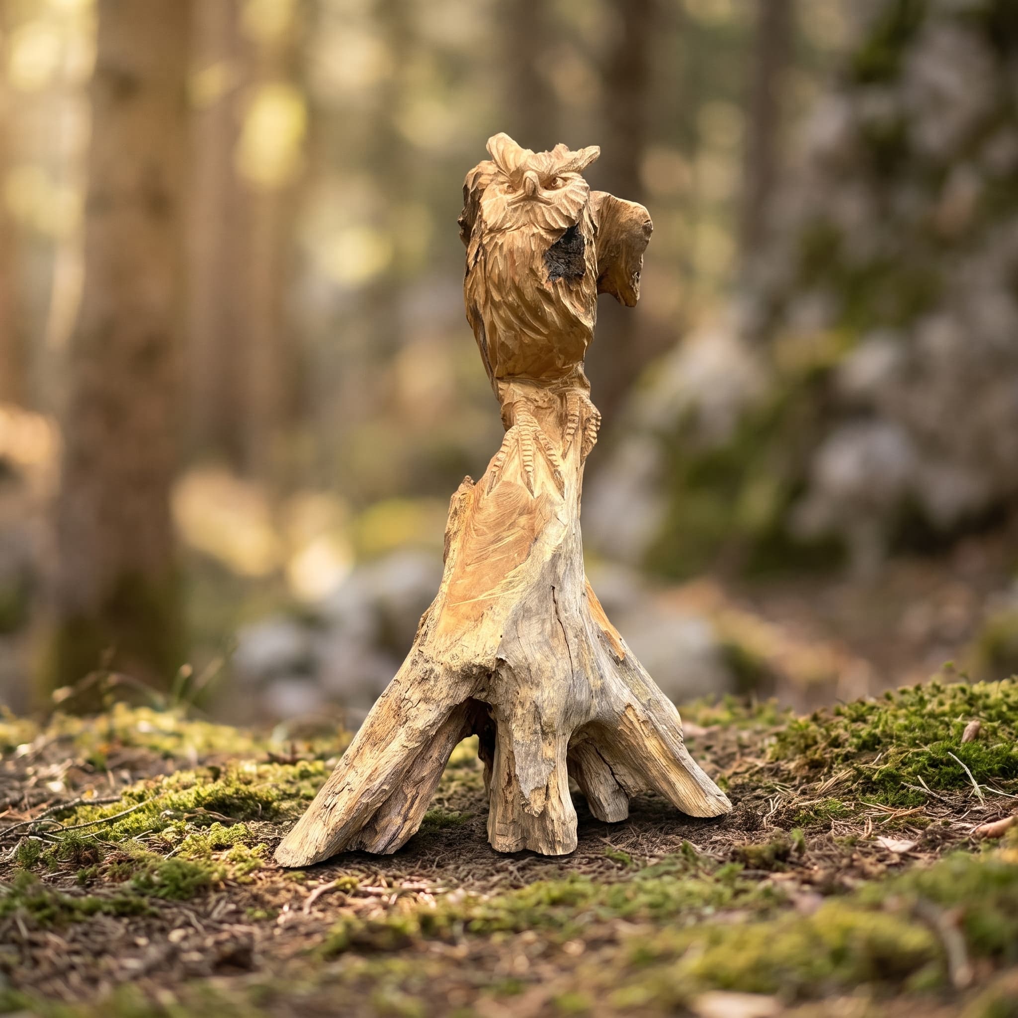 Uil van gerecycled teak, vooraanzicht van de uil met twee oorpluimen op een verweerde wortel met uitlopers