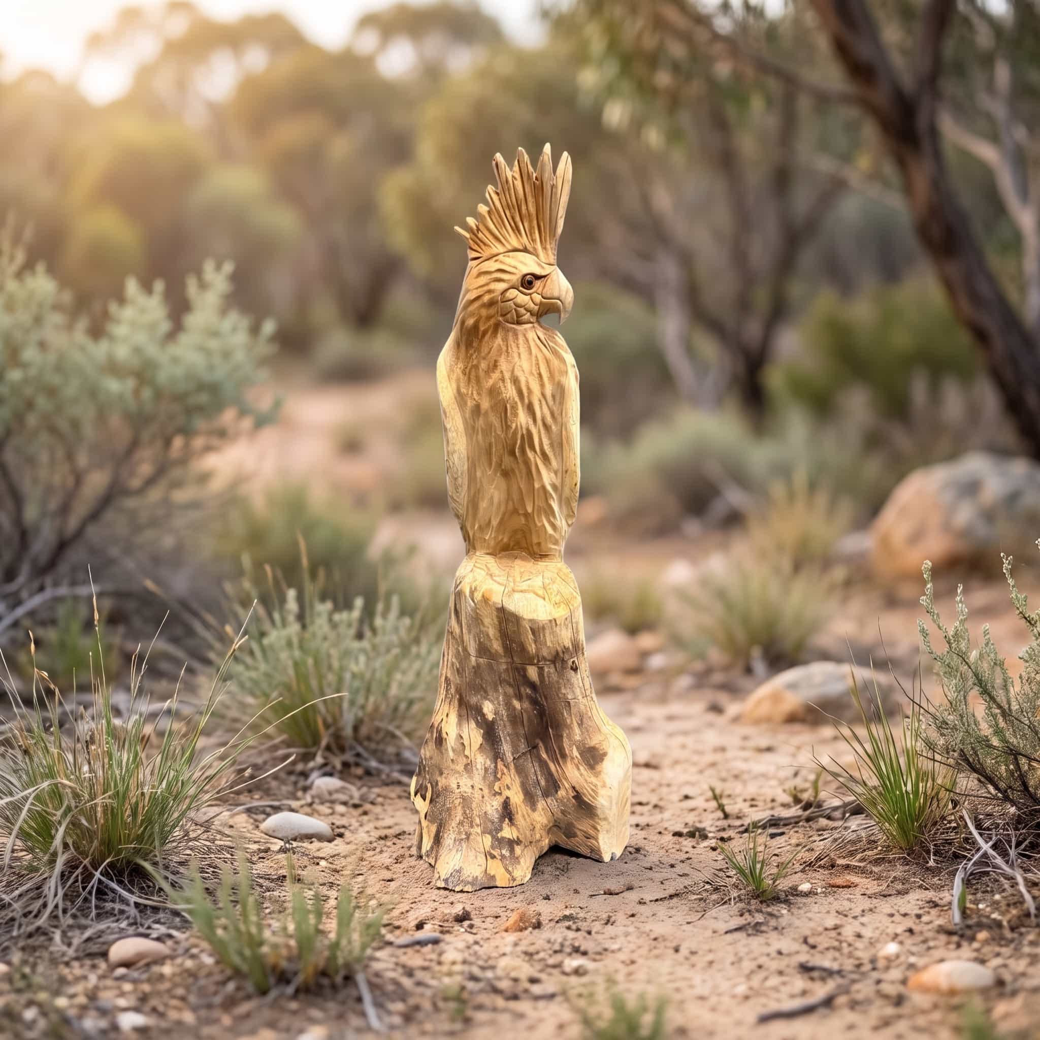 Kaketoe Klirong van gerecycled teak met opgezette kuif en gesneden veren, op een gevlekte stam in een droog struiklandschap