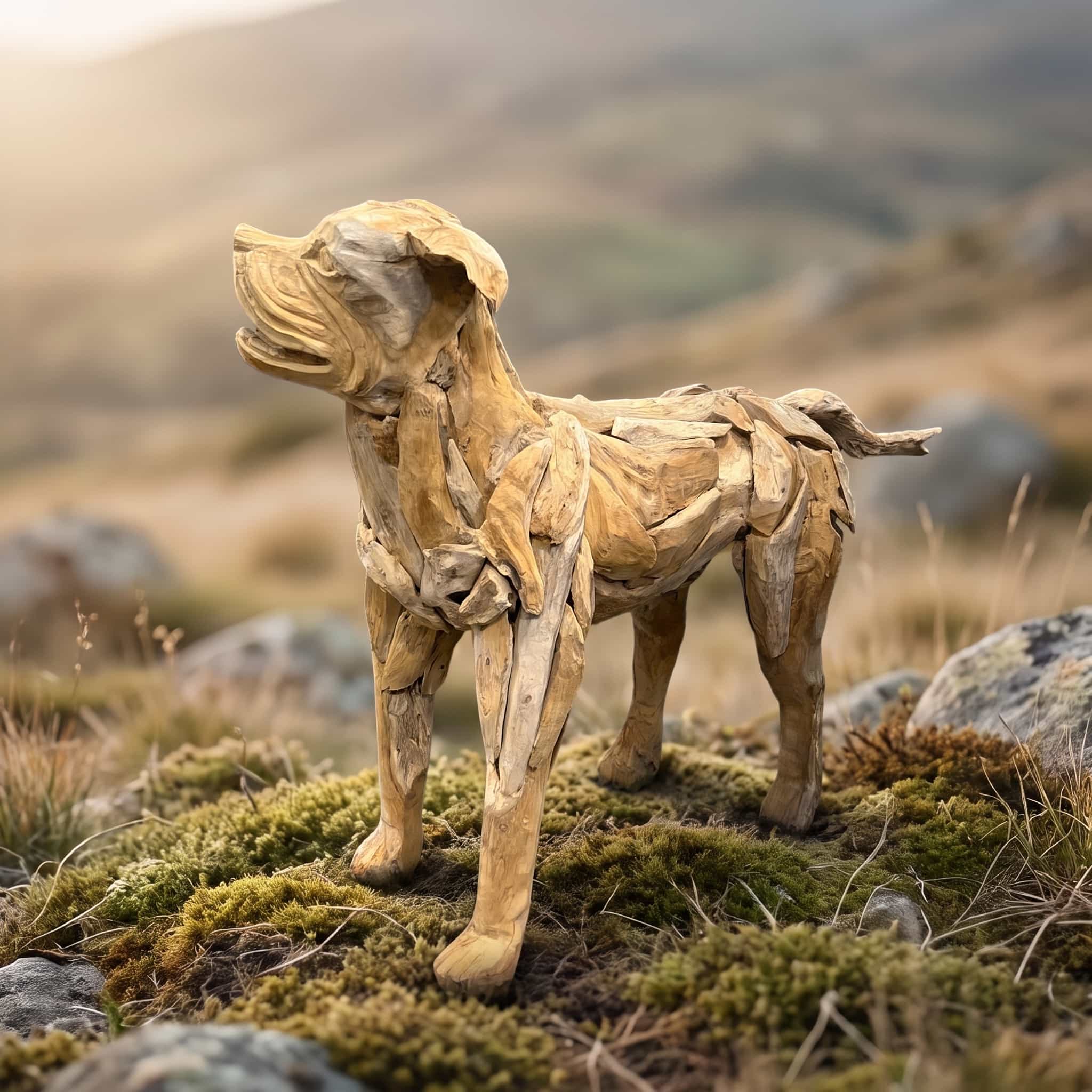 Hond van gerecycled teak, staand, in zijaanzicht met geheven kop en hangende oren