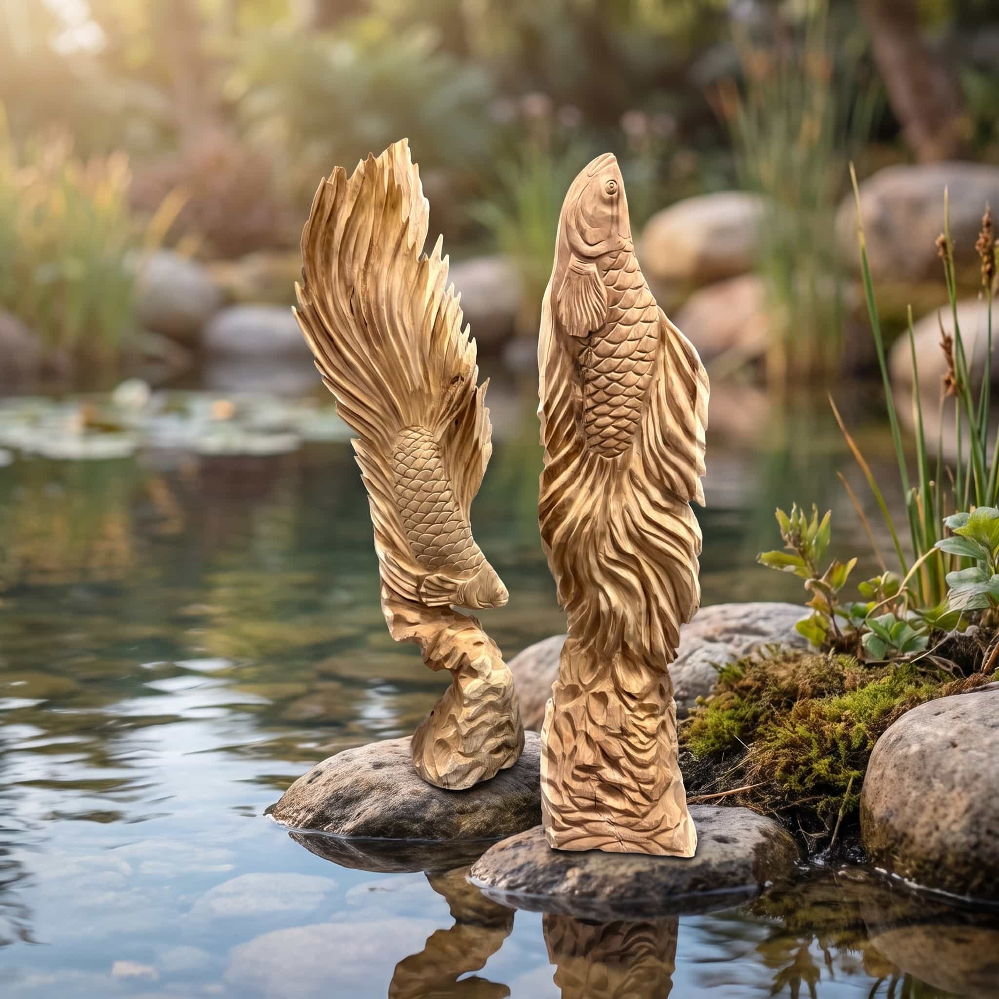 Kempvis van gerecycled teak, vooraanzicht van de verticaal staande kempvis op een gesneden voet, met een tweede kempvis ernaast