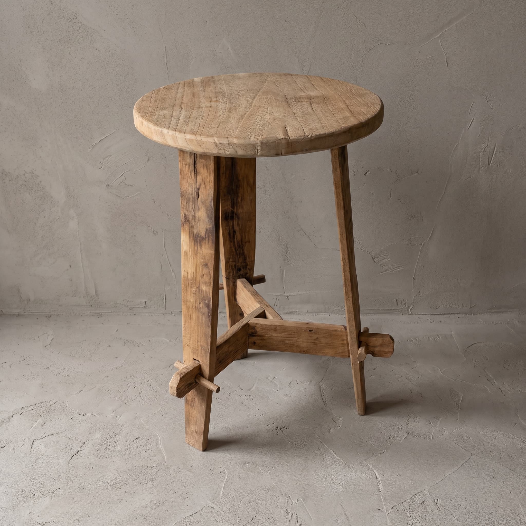 Bijzettafel Beben van teak, schuin van boven gezien, met het ronde blad op drie poten en pennen in de dwarsbalken