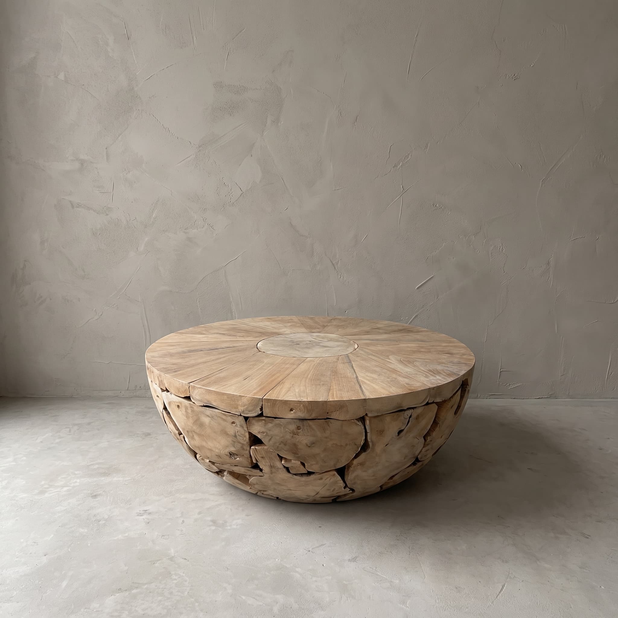 Salontafel Pandu van teak, rond, met middenschijf, brede komvorm van voren met de lichte schijf in het midden van het blad