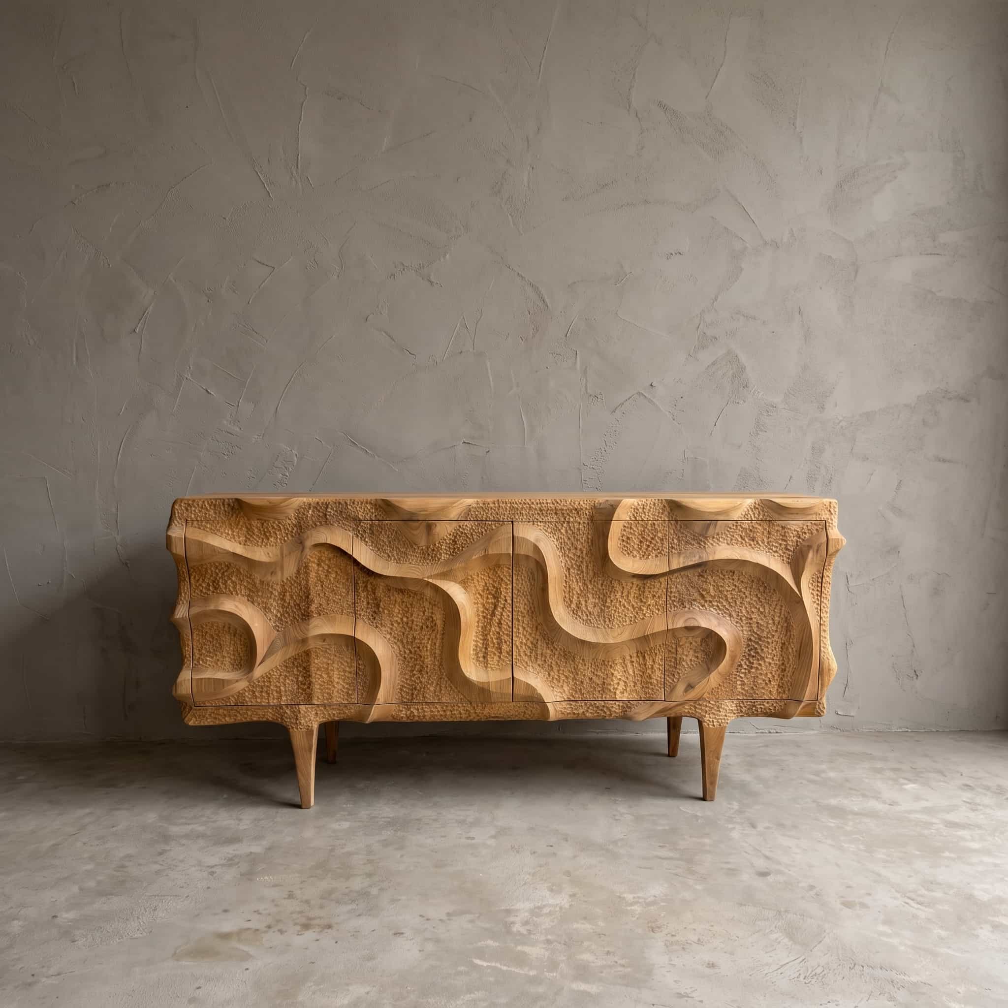 Dressoir Intan Morpheus van teak, 200 cm, vooraanzicht van vier deuren met handgesneden golven in reliëf, op taps toelopende poten