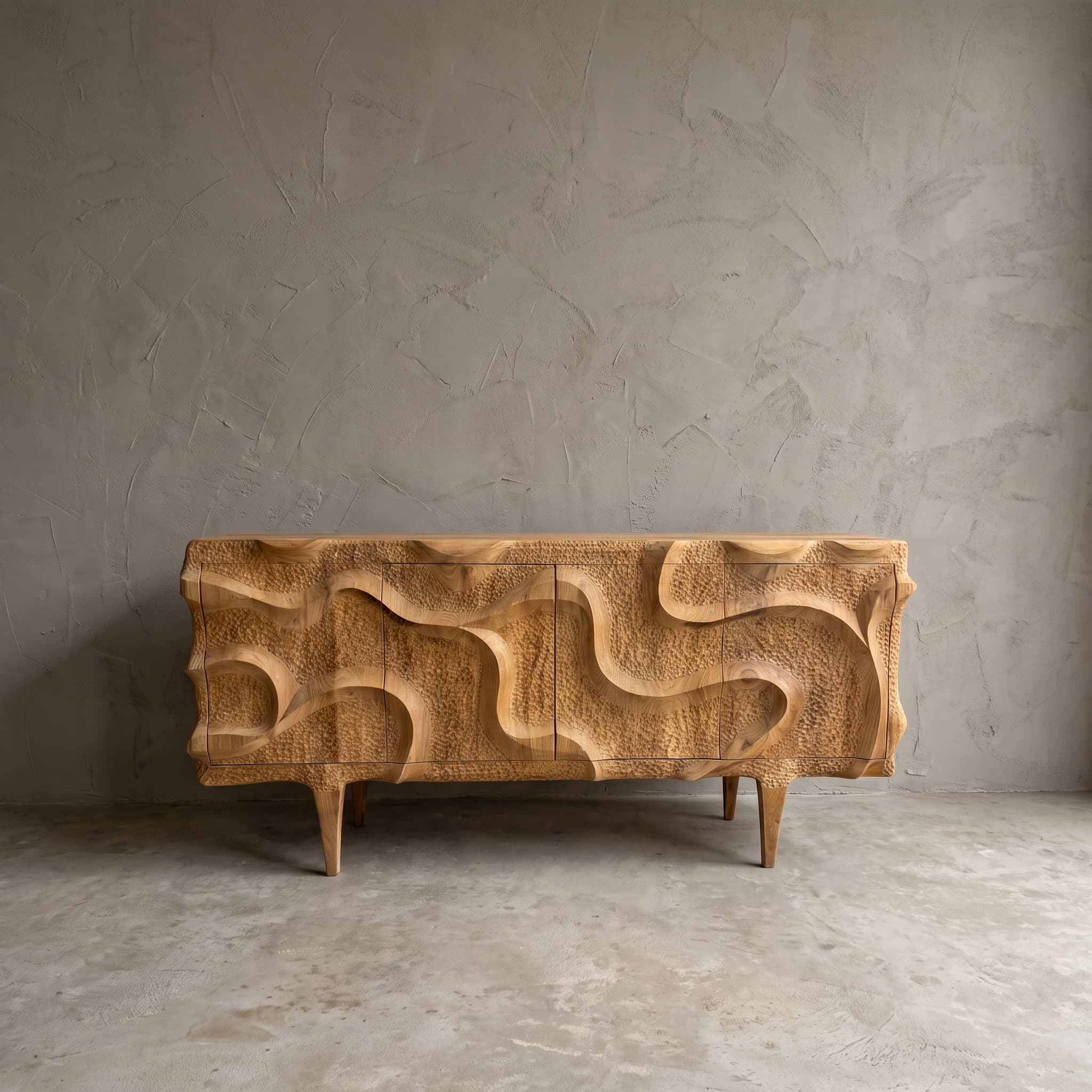 Dressoir Intan Morpheus van teak, 200 cm, vooraanzicht van vier deuren met handgesneden golven in reliëf, op taps toelopende poten