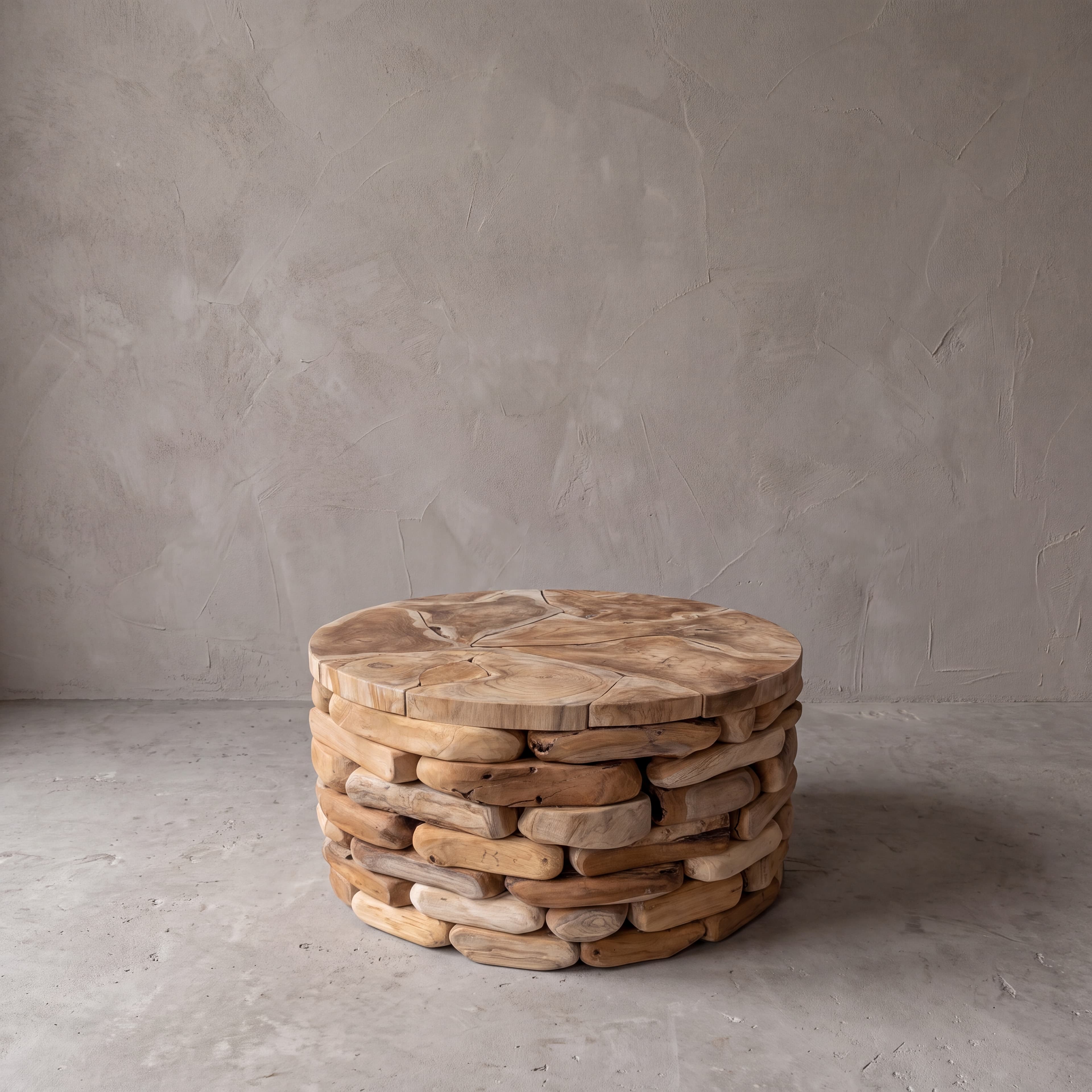 Salontafel Arunja van gerecycled teak, rond, schuin aanzicht van het mozaïekblad met barstjes boven rijen afgeronde teakblokjes