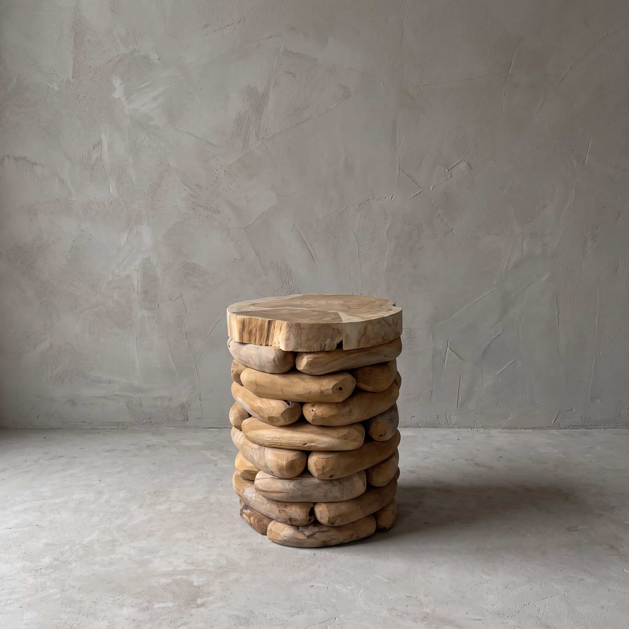 Kruk Arunja van gerecycled teak, vooraanzicht van het ronde zitvlak op verspringende rijen afgeronde blokken