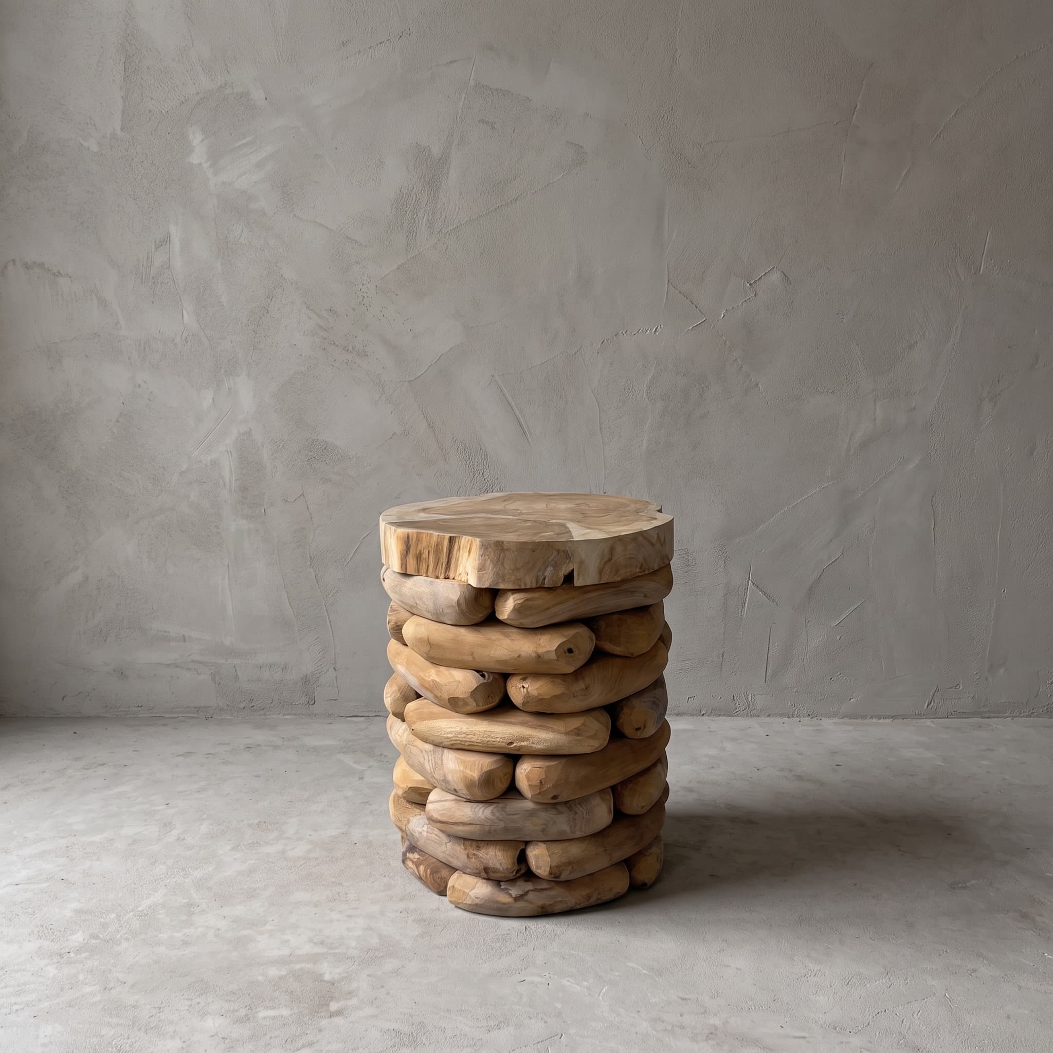 Kruk Arunja van gerecycled teak, vooraanzicht van het ronde zitvlak op verspringende rijen afgeronde blokken