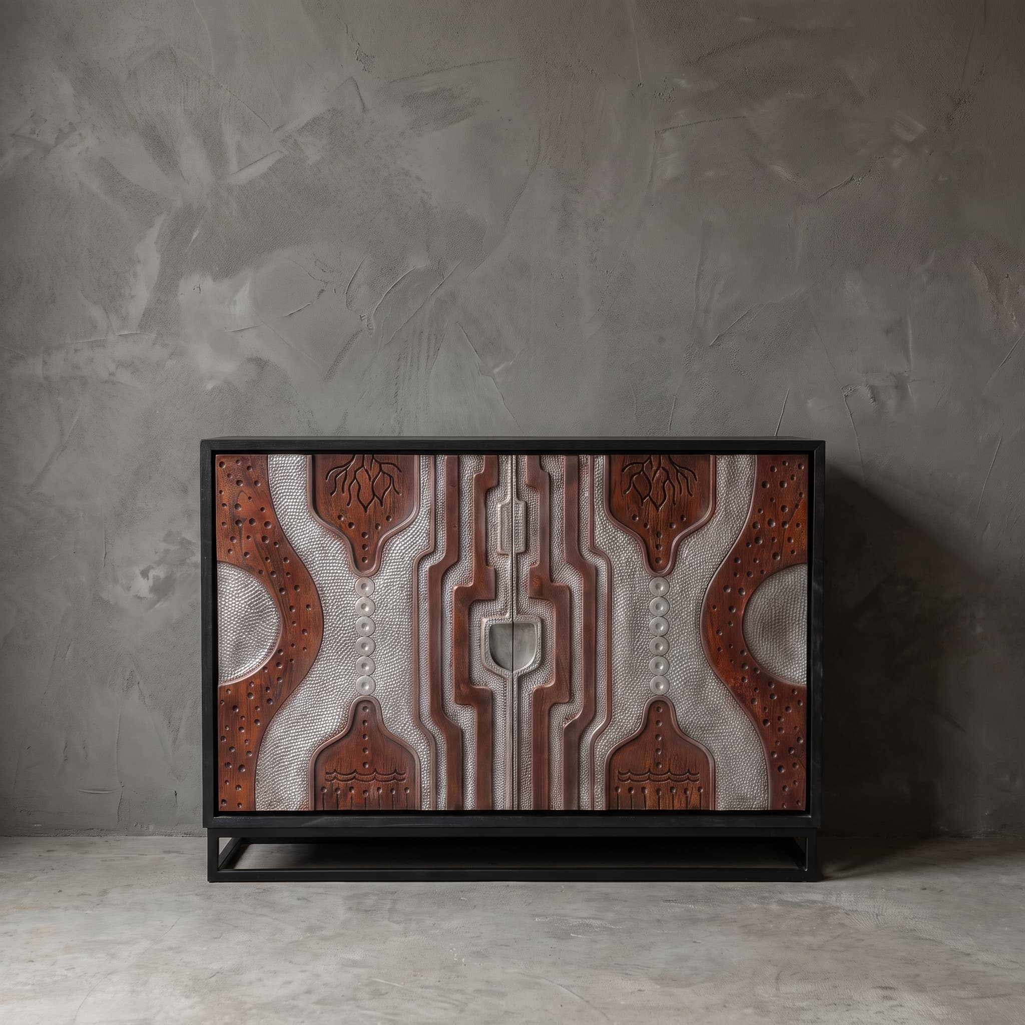 Sideboard Graphic aus Teak mit dunklem Finish, gerade von vorn: rotbraunes Holz und silbergraue Flächen auf der Front