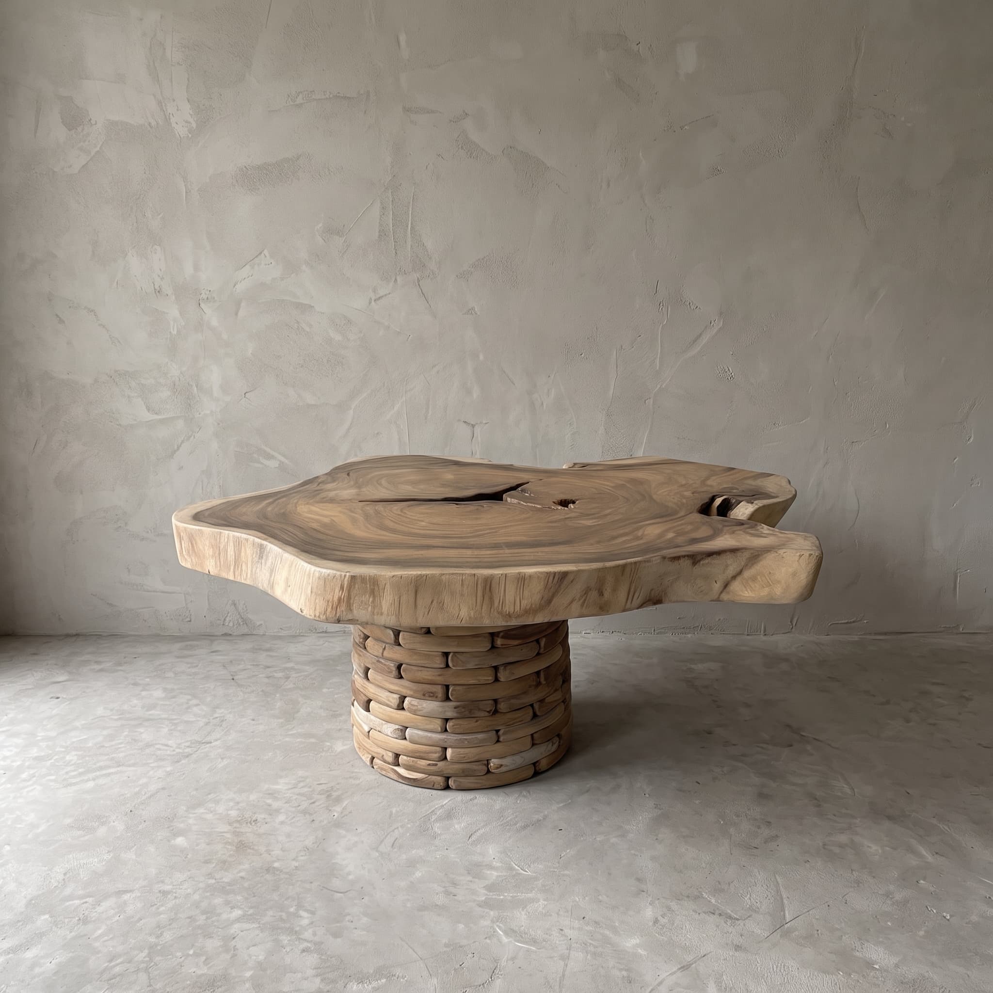 Eettafel Arunja van suarhout en gerecycled teak, vooraanzicht met een blad met boomkant op een ronde voet van blokken
