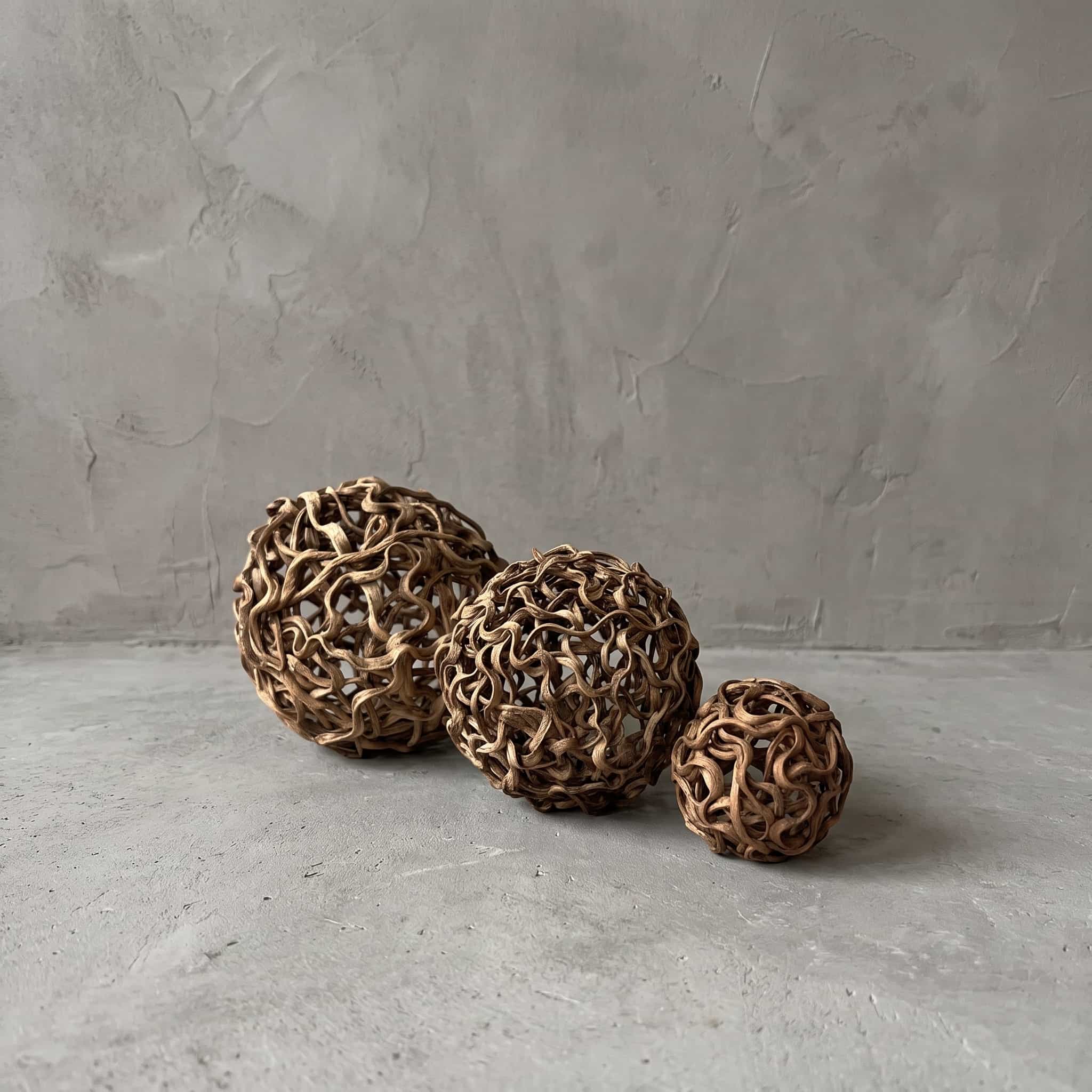 Bal Liliana van lianenhout, open bollen uit de serie in verschillende maten naast elkaar op een grijze vloer