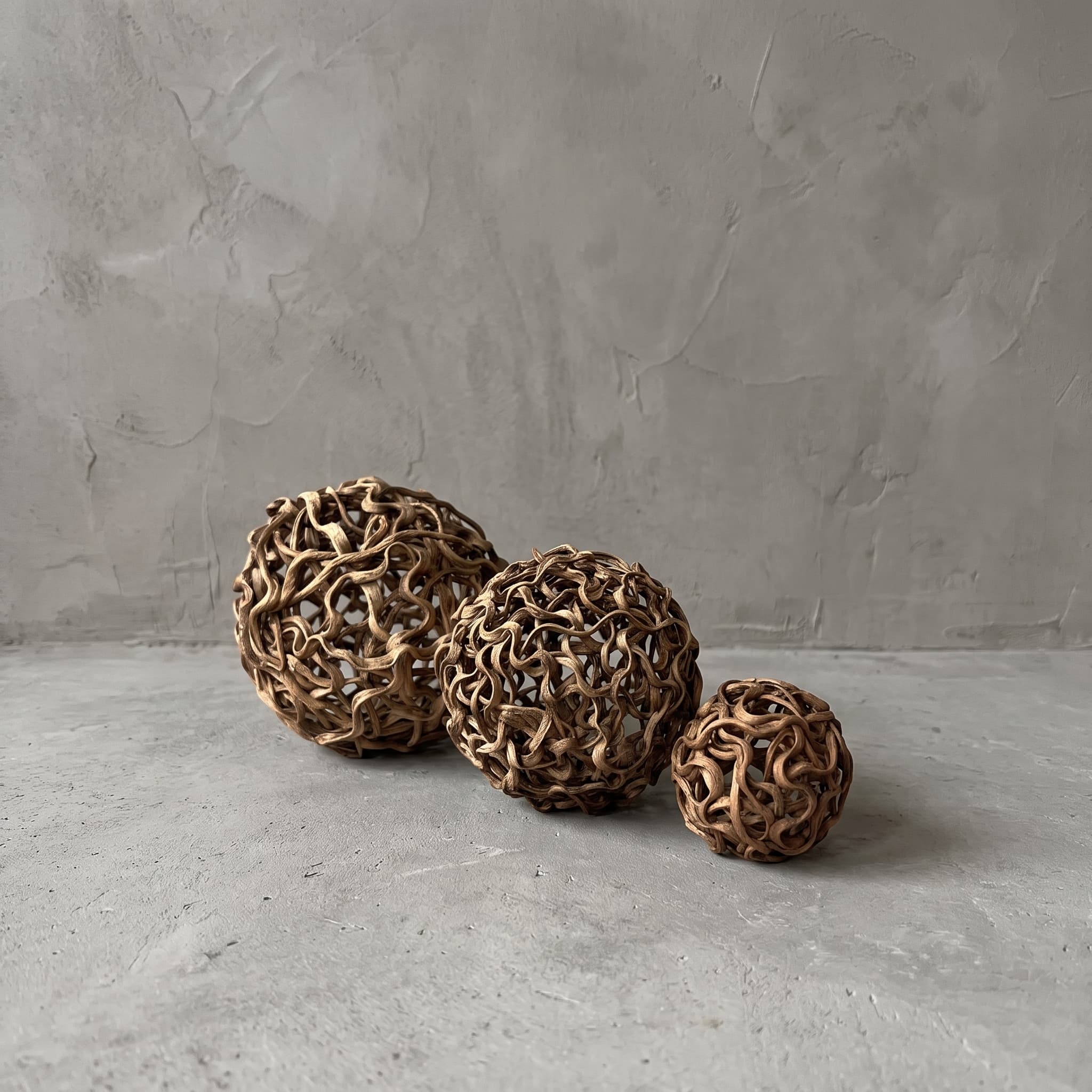 Bal Liliana van lianenhout, open bollen uit de serie in verschillende maten naast elkaar op een grijze vloer