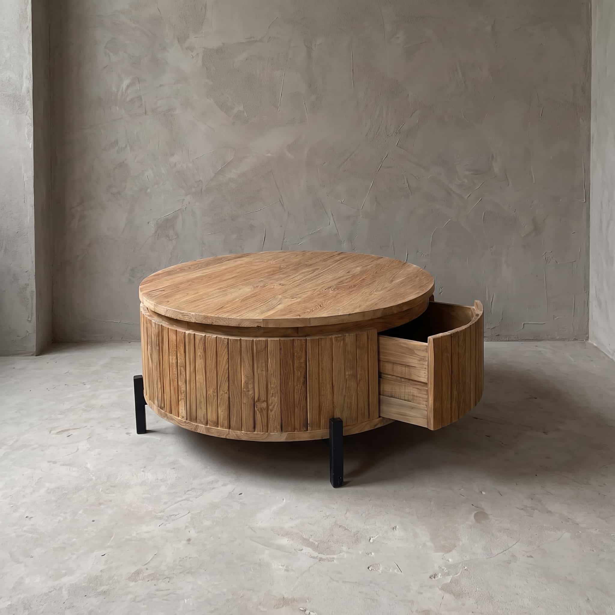 Salontafel Kira van gerecycled teak en metaal, schuin vooraanzicht met de lade open en zwarte metalen poten