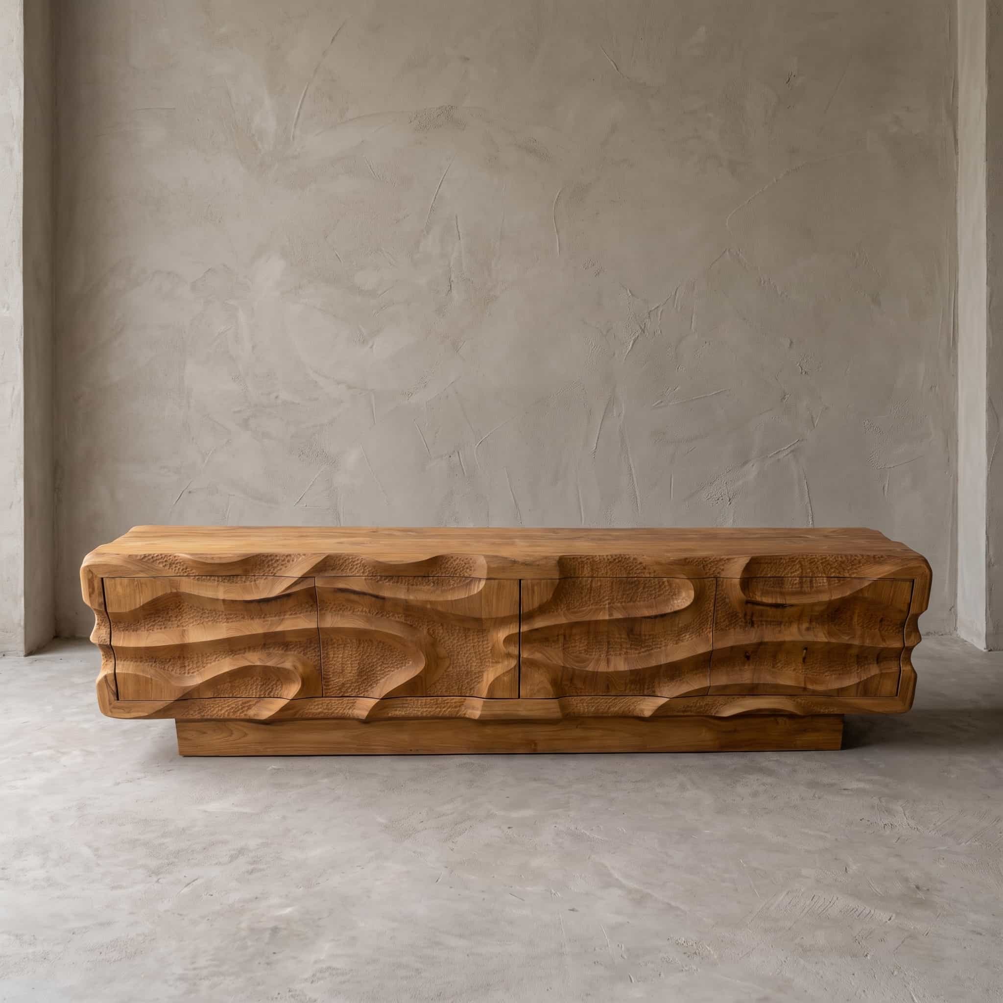 Tv-meubel Wave van teak, vooraanzicht met een gesneden golfreliëf over vier deuren op een terugliggende voet