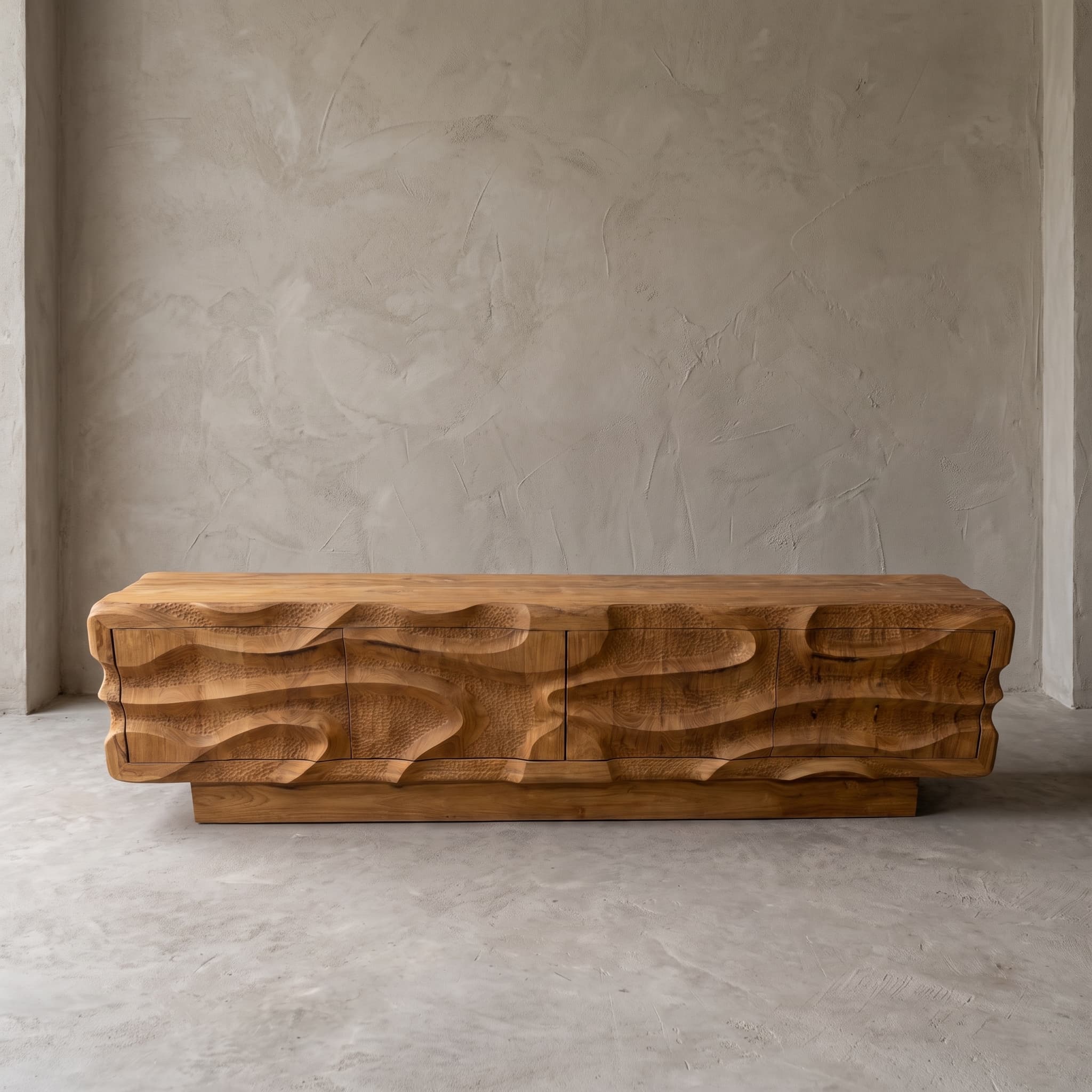 Tv-meubel Wave van teak, vooraanzicht met een gesneden golfreliëf over vier deuren op een terugliggende voet