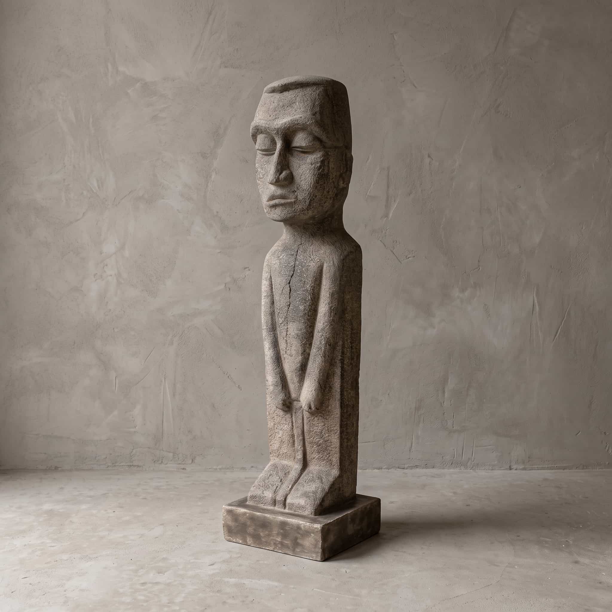 Beeld Konggo 3 van polystone, verweerde figuur met plat hoofd, gesloten ogen en de handen laag voor het lijf, op een vierkant blok