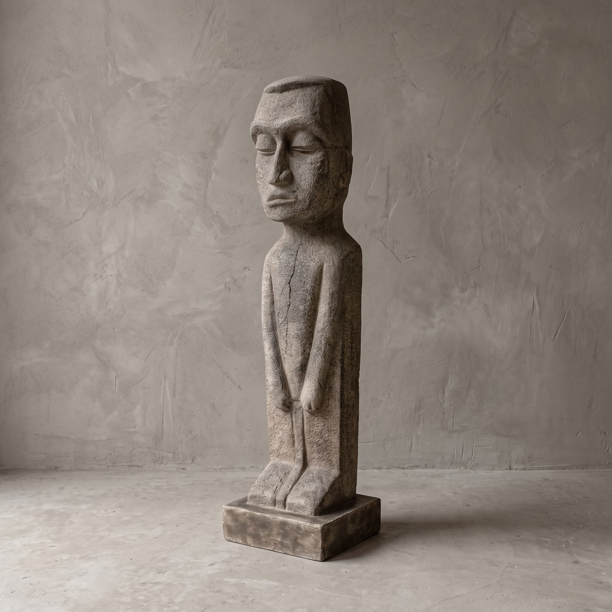 Beeld Konggo 3 van polystone, verweerde figuur met plat hoofd, gesloten ogen en de handen laag voor het lijf, op een vierkant blok