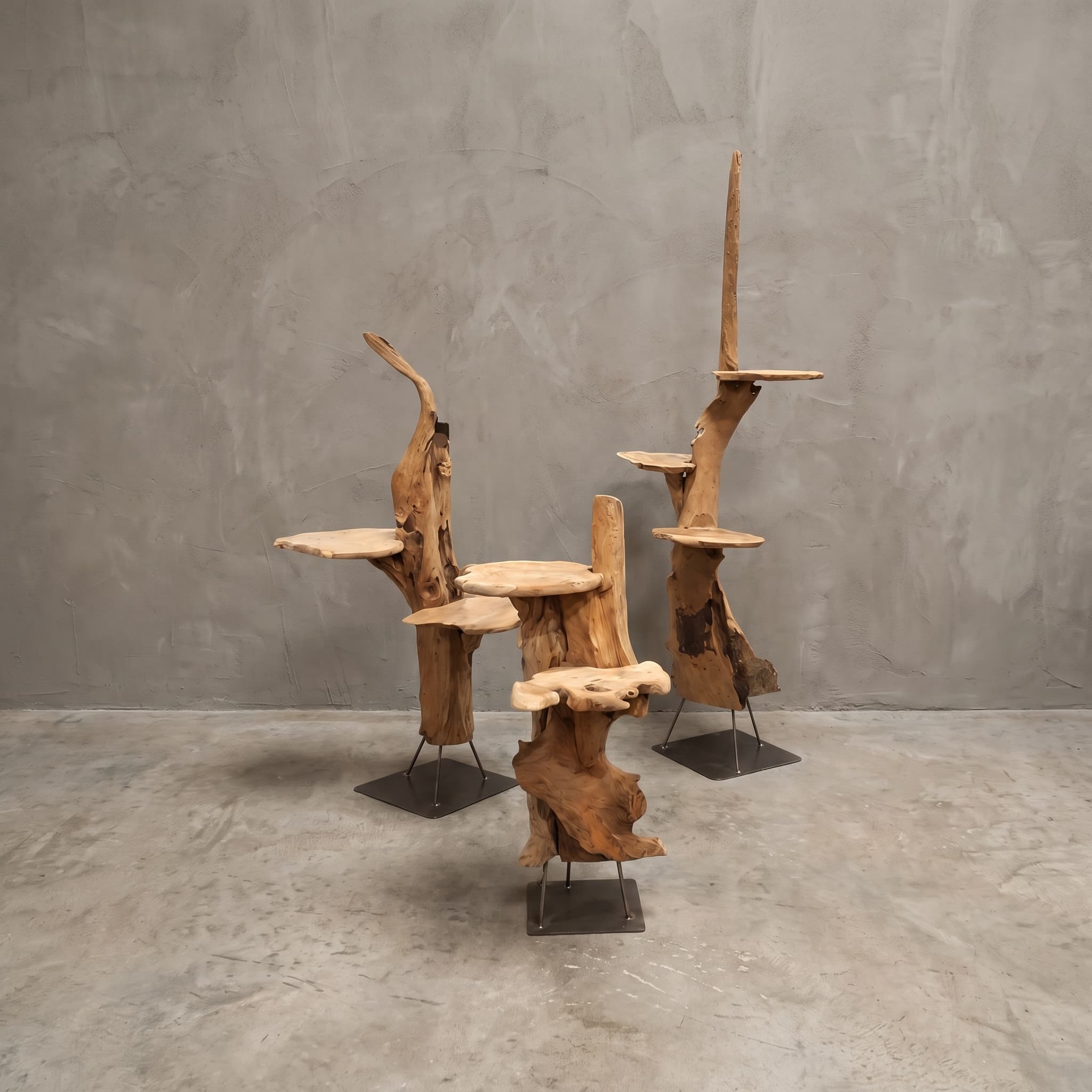 Display Roots van gerecycled teak en metaal, vooraanzicht van de maten naast elkaar op slanke staven en vierkante voeten