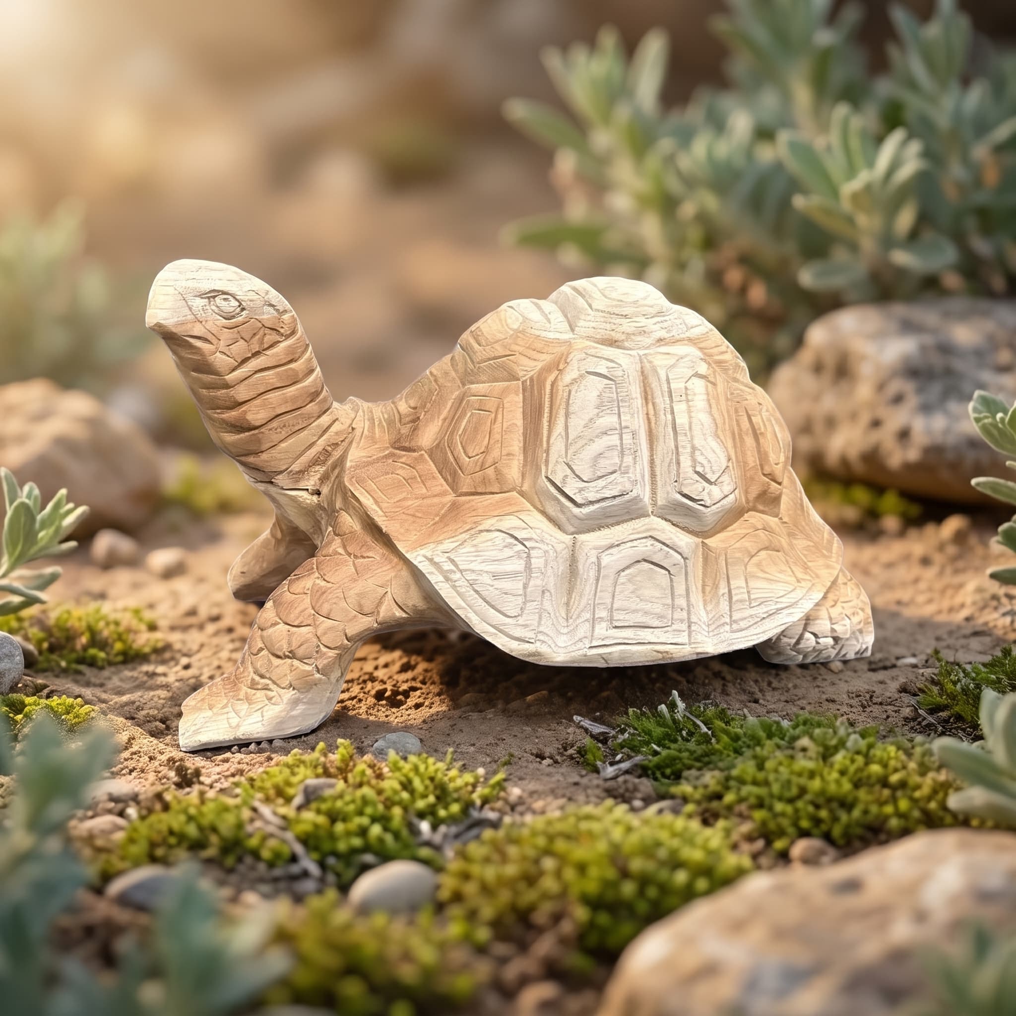 Schildpad Klirong van gerecycled teak, zijaanzicht van de lopende schildpad met opgeheven kop en geplooide nek