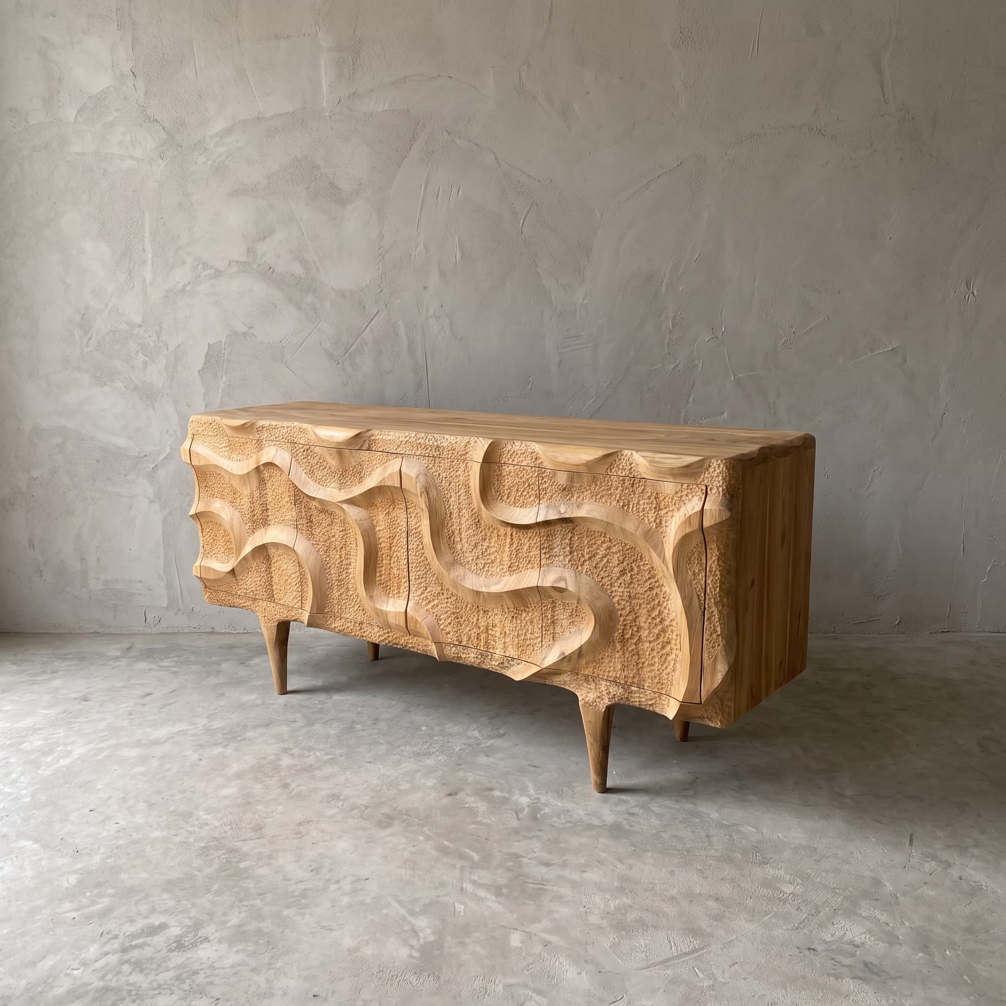 Dressoir Intan Morpheus van teak, 200 cm, schuin aanzicht met het golvende reliëf op de deuren en een gladde zijkant