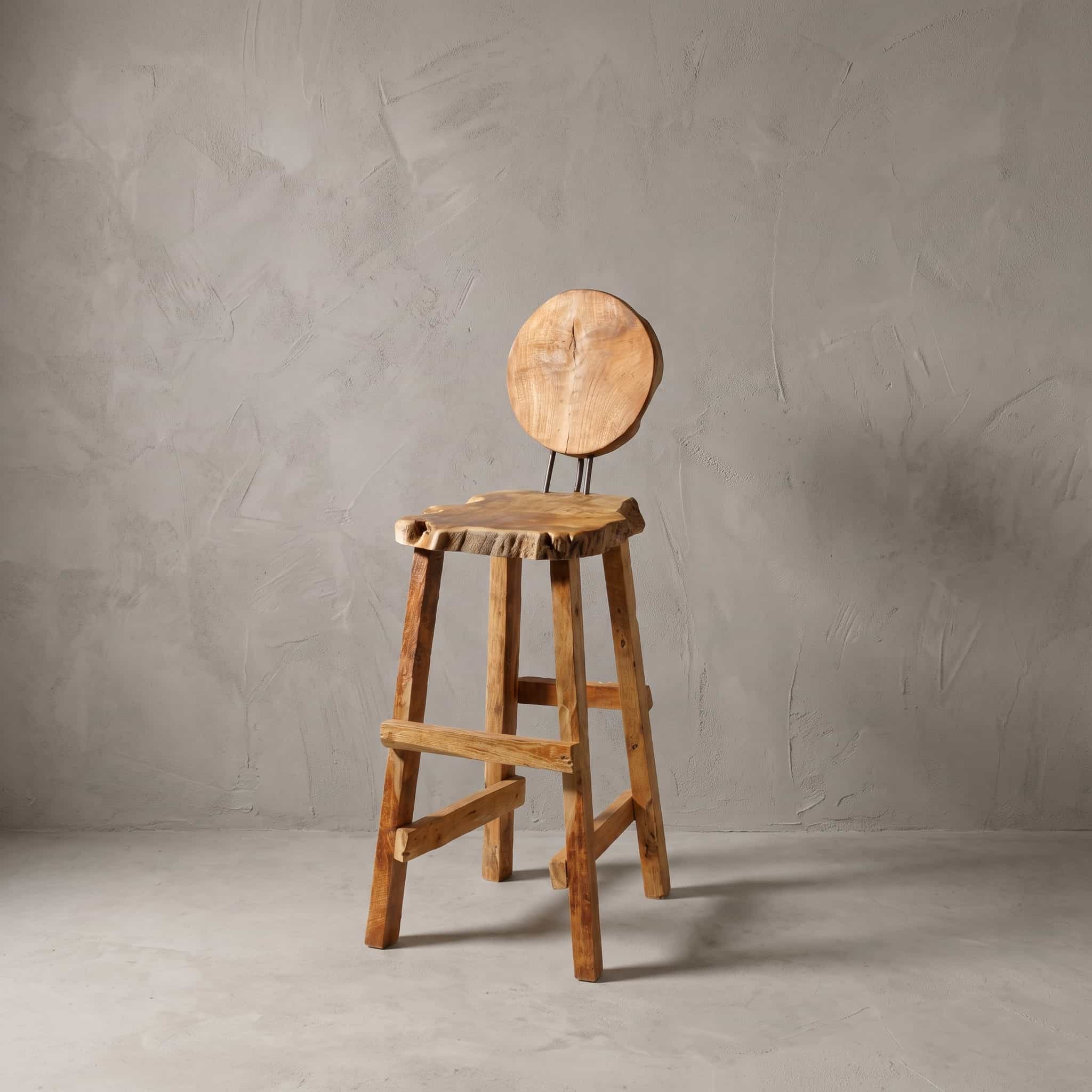 Barkruk Roots Erosi van gerecycled teak, schuin vooraanzicht van de ronde rugleuning boven de ronde zitting