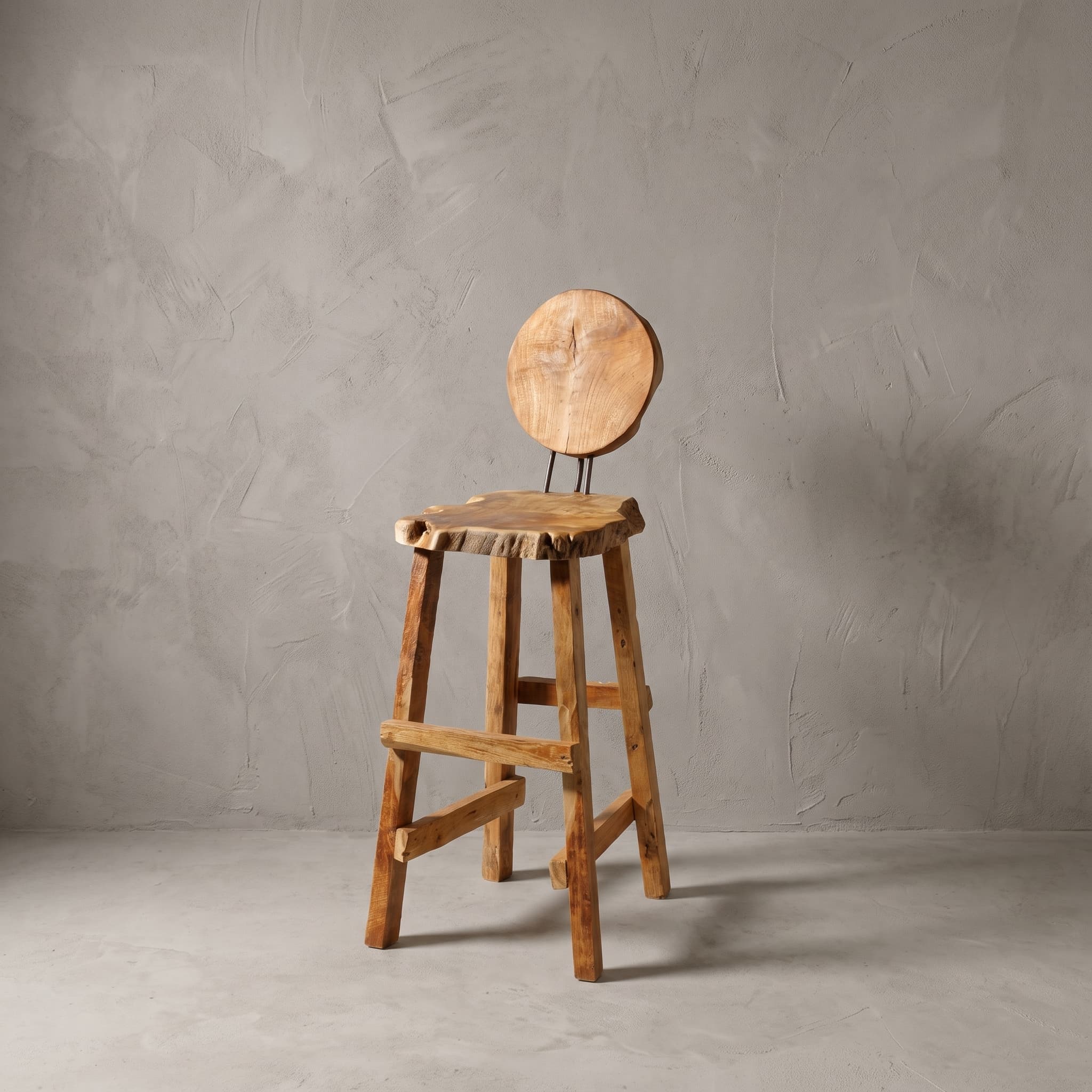 Barkruk Roots Erosi van gerecycled teak, schuin vooraanzicht van de ronde rugleuning boven de ronde zitting