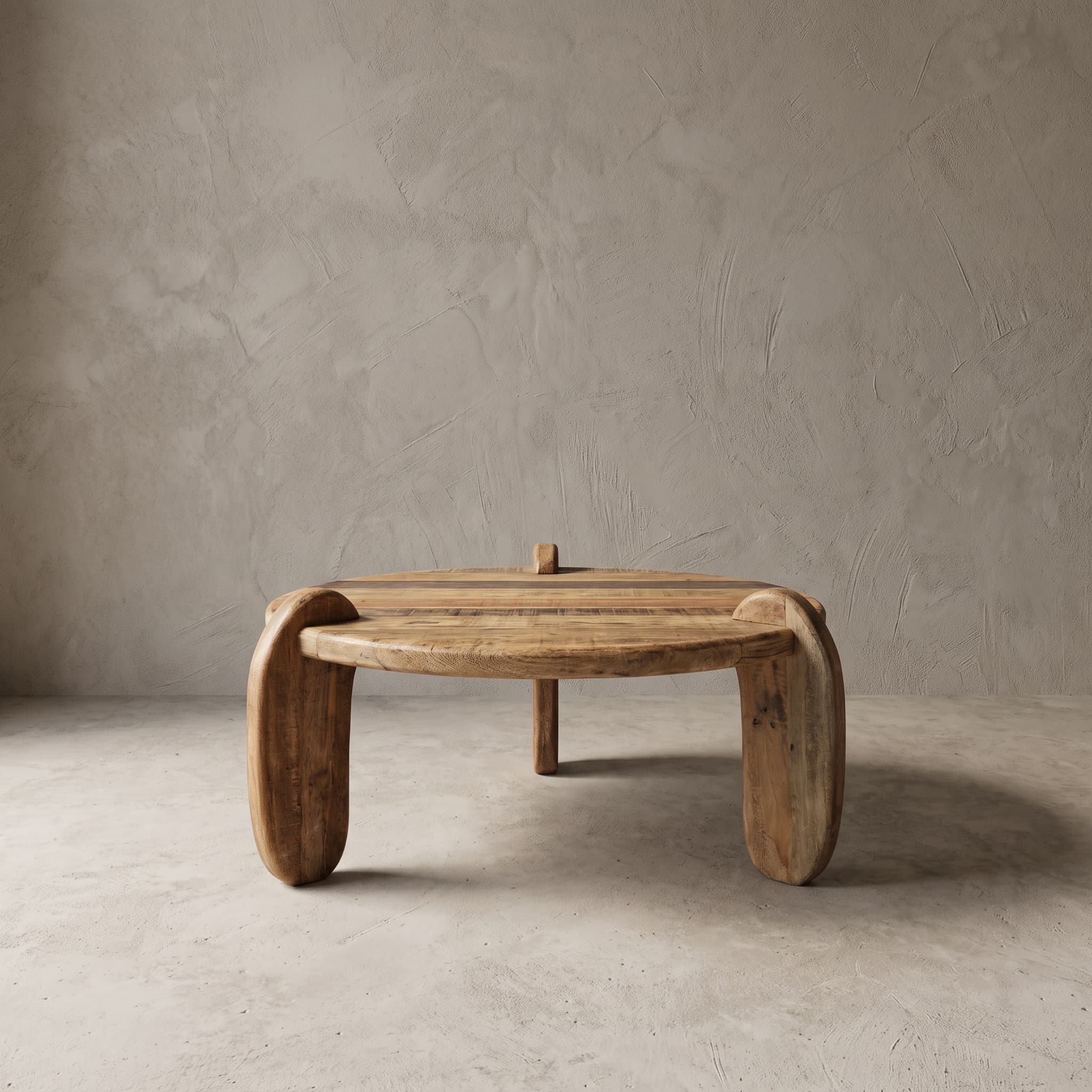 Salontafel Balok Kodok van gerecycled hardhout, rond gestreept blad met twee brede ronde poten over de rand en een slanke derde poot achter