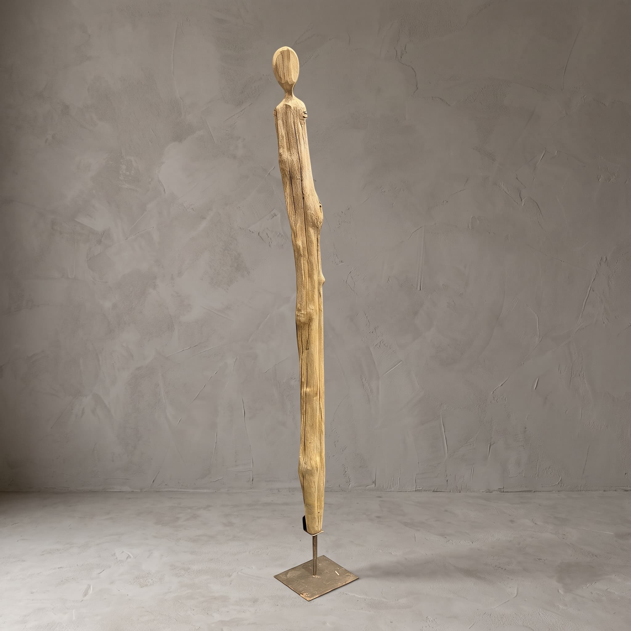 Reclaimed teak stand, human figure, angled front view of the slender figure on a square base plate against a grey wall