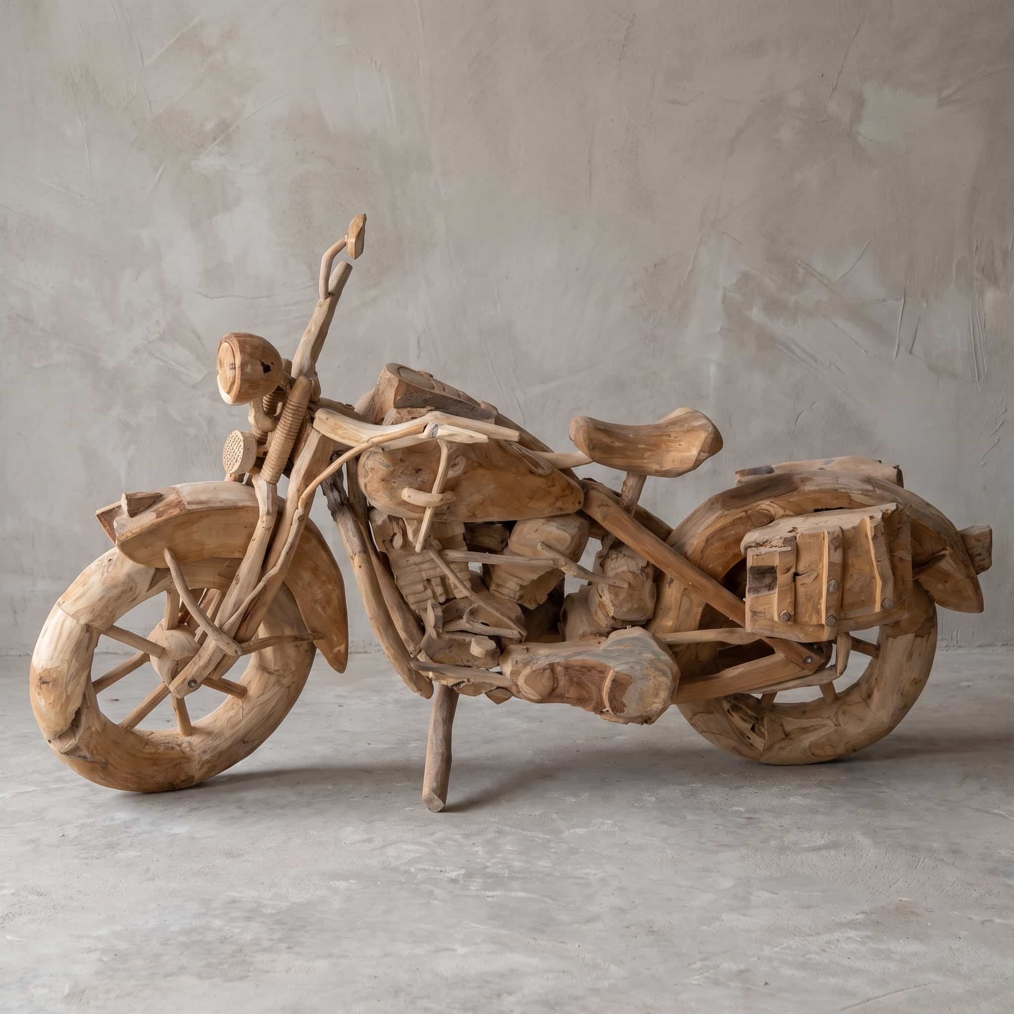 Motorfiets Roots Harley Davidson van gerecycled teak, zijaanzicht van de motorfiets op zijn standaard voor een grijze wand