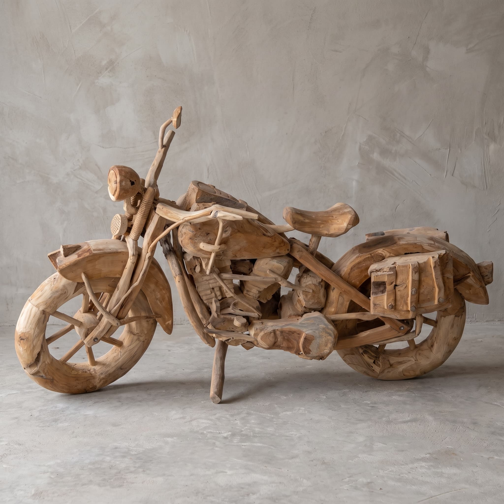 Roots Harley Davidson reclaimed teak motorcycle, side view of the motorcycle on its kickstand against a grey wall