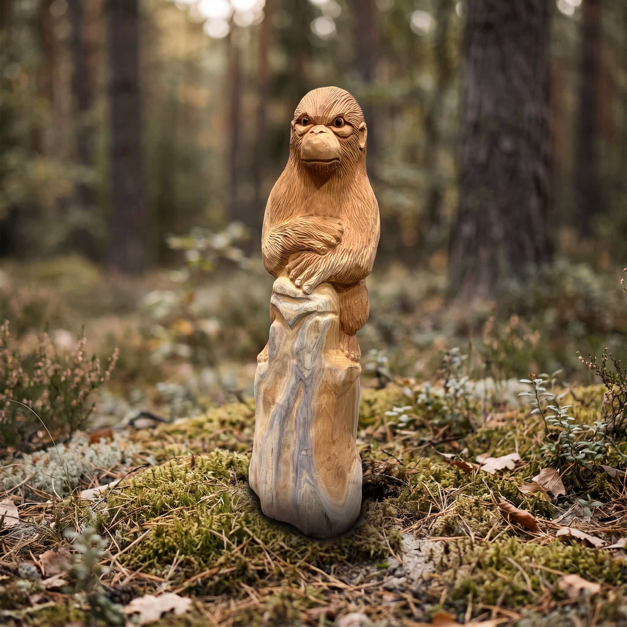 Gorilla van gerecycled teak, vooraanzicht van de gorilla met gekruiste armen op een lichtere, gestreepte voet