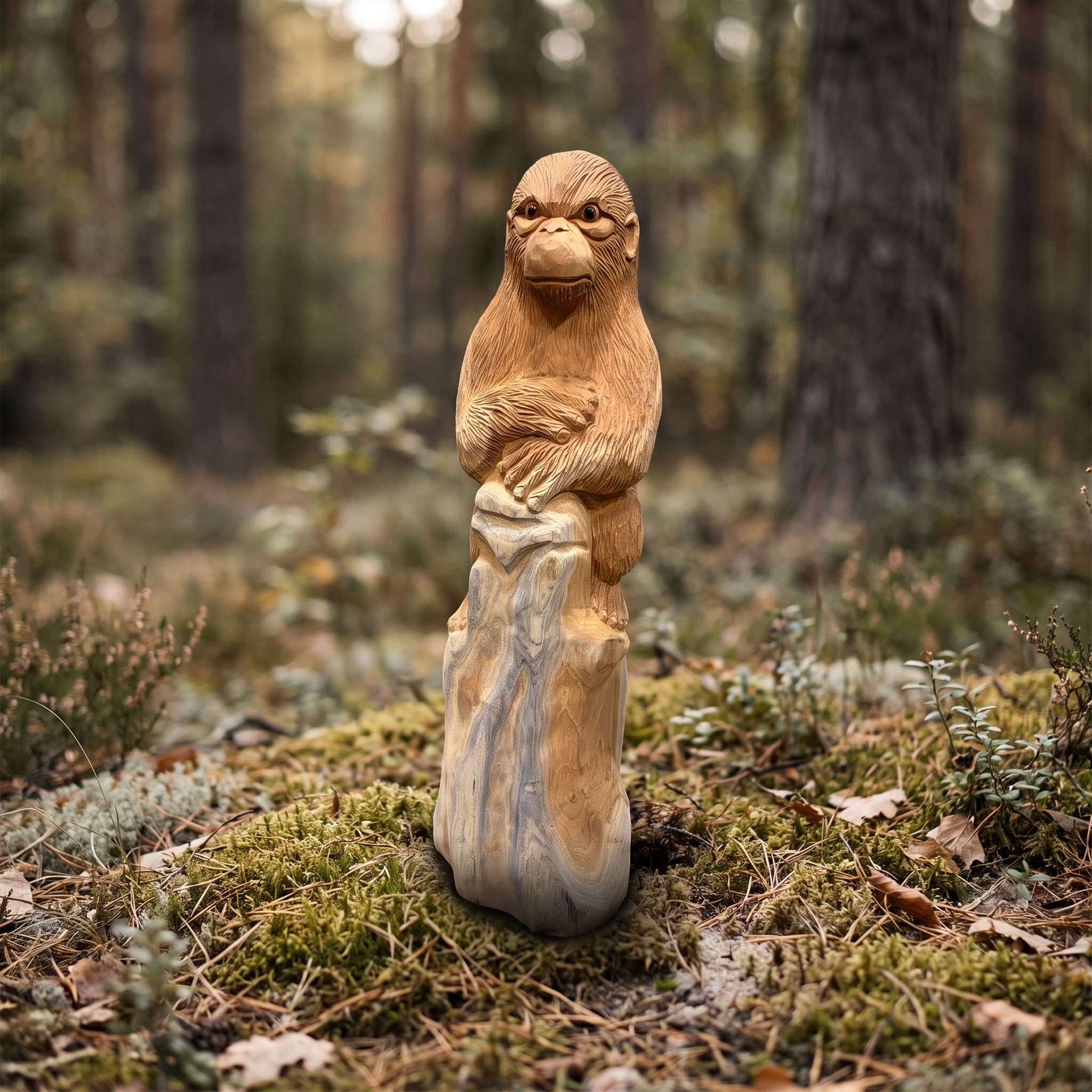 Gorilla van gerecycled teak, vooraanzicht van de gorilla met gekruiste armen op een lichtere, gestreepte voet
