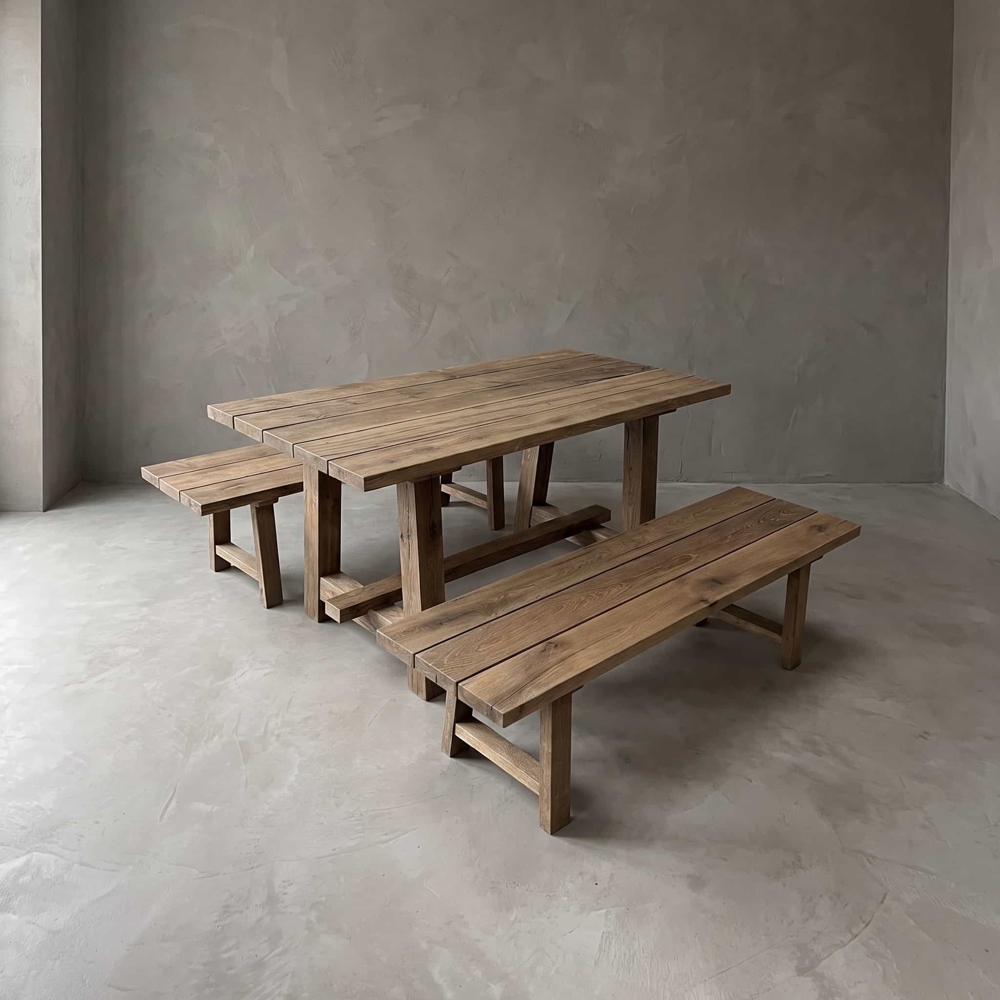 Eettafel van gerecycled eikenhout met twee banken, set van 3, vooraanzicht van de tafel met aan elke lange kant een bank