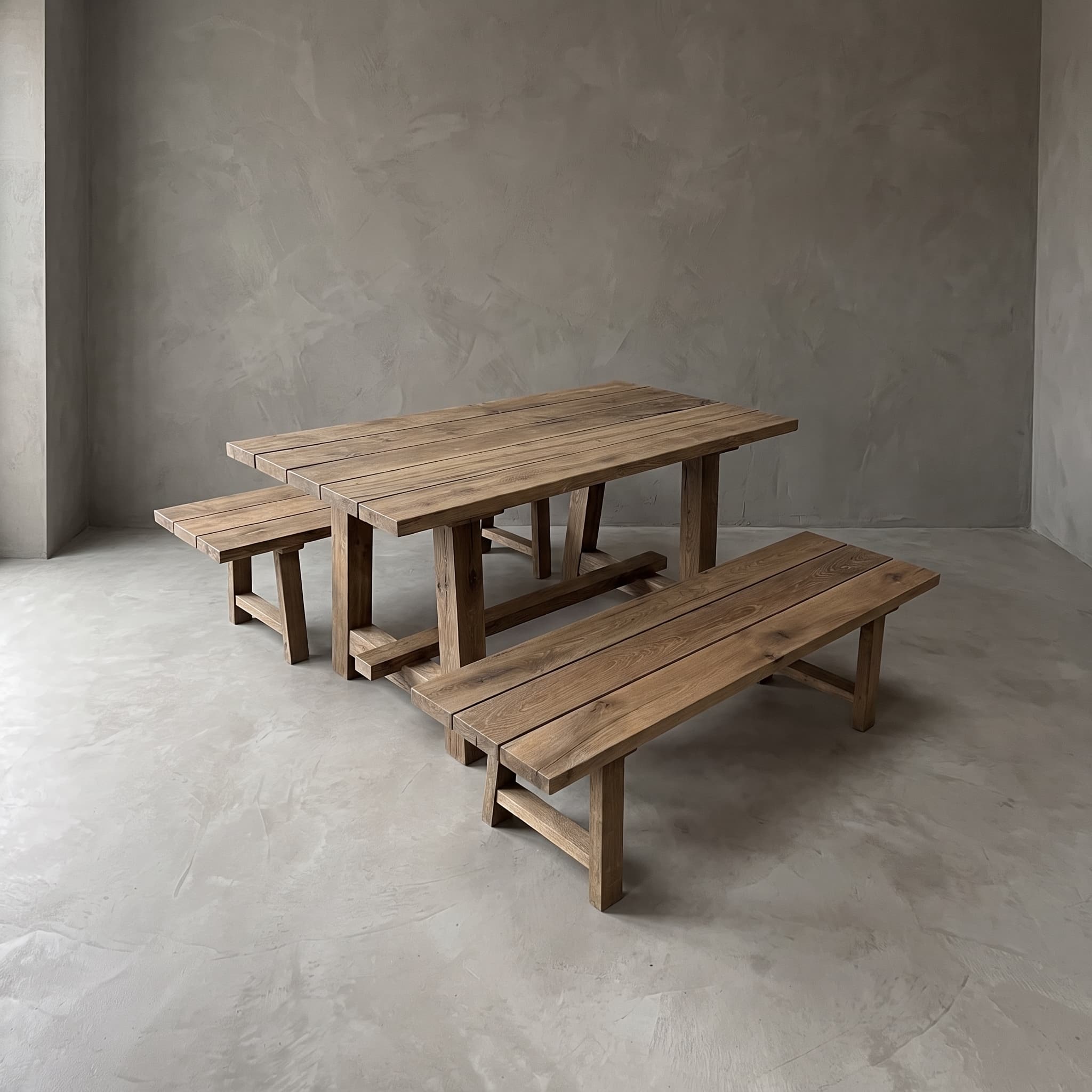 Eettafel van gerecycled eikenhout met twee banken, set van 3, vooraanzicht van de tafel met aan elke lange kant een bank