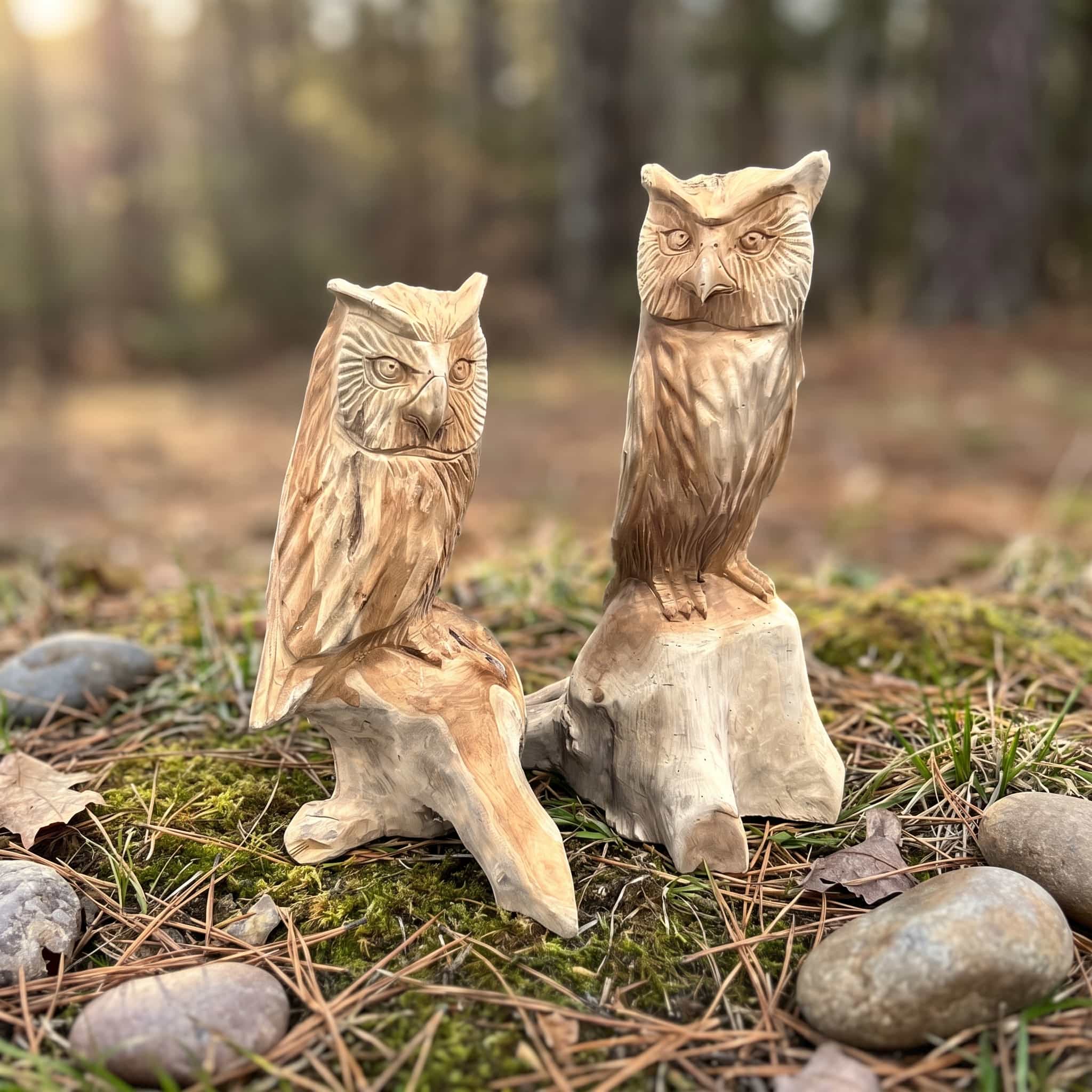 Uil Klirong van gerecycled teak, vooraanzicht van een zittende uil op een grillige voet, met een tweede uil ernaast