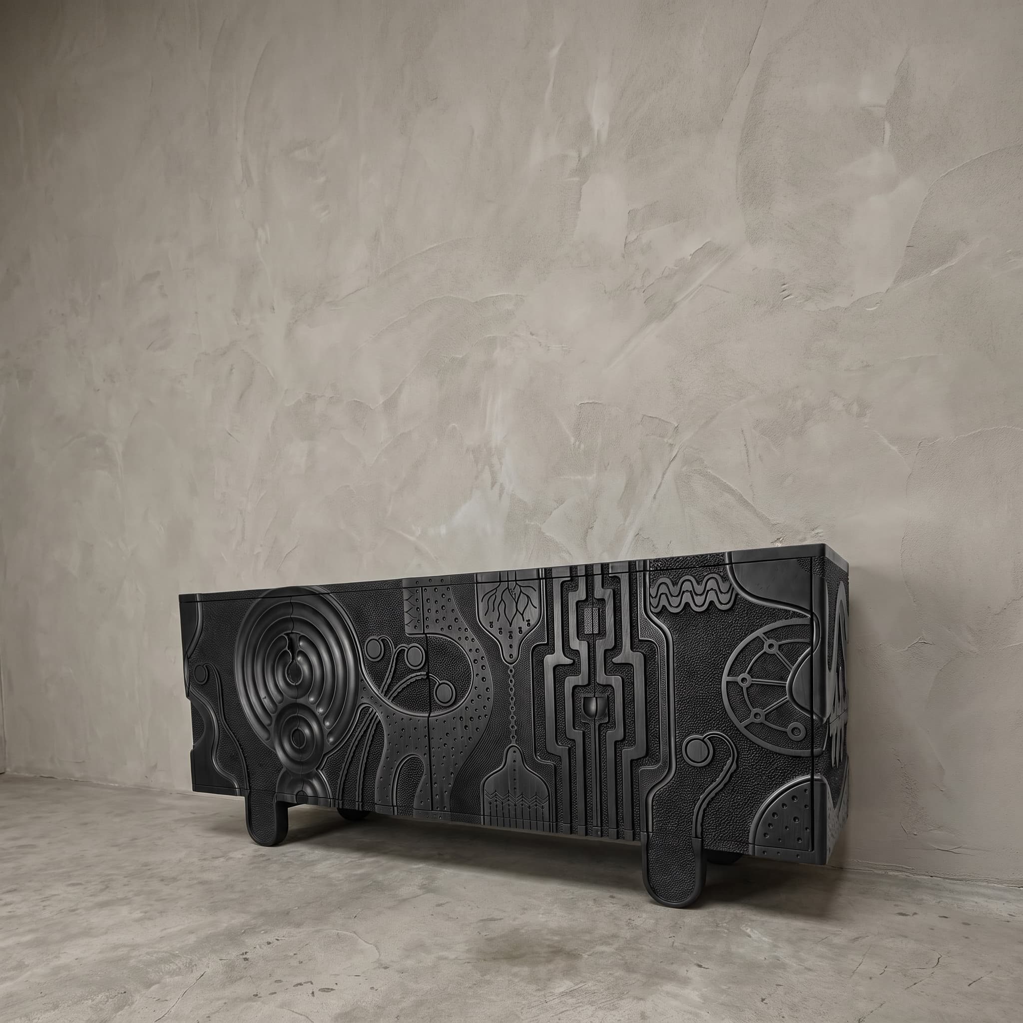 Sideboard Graphic Relief aus Teak mit dunklem Finish in Schrägansicht: schwarzes Relief auf Front und Seite, vor einer grauen Wand