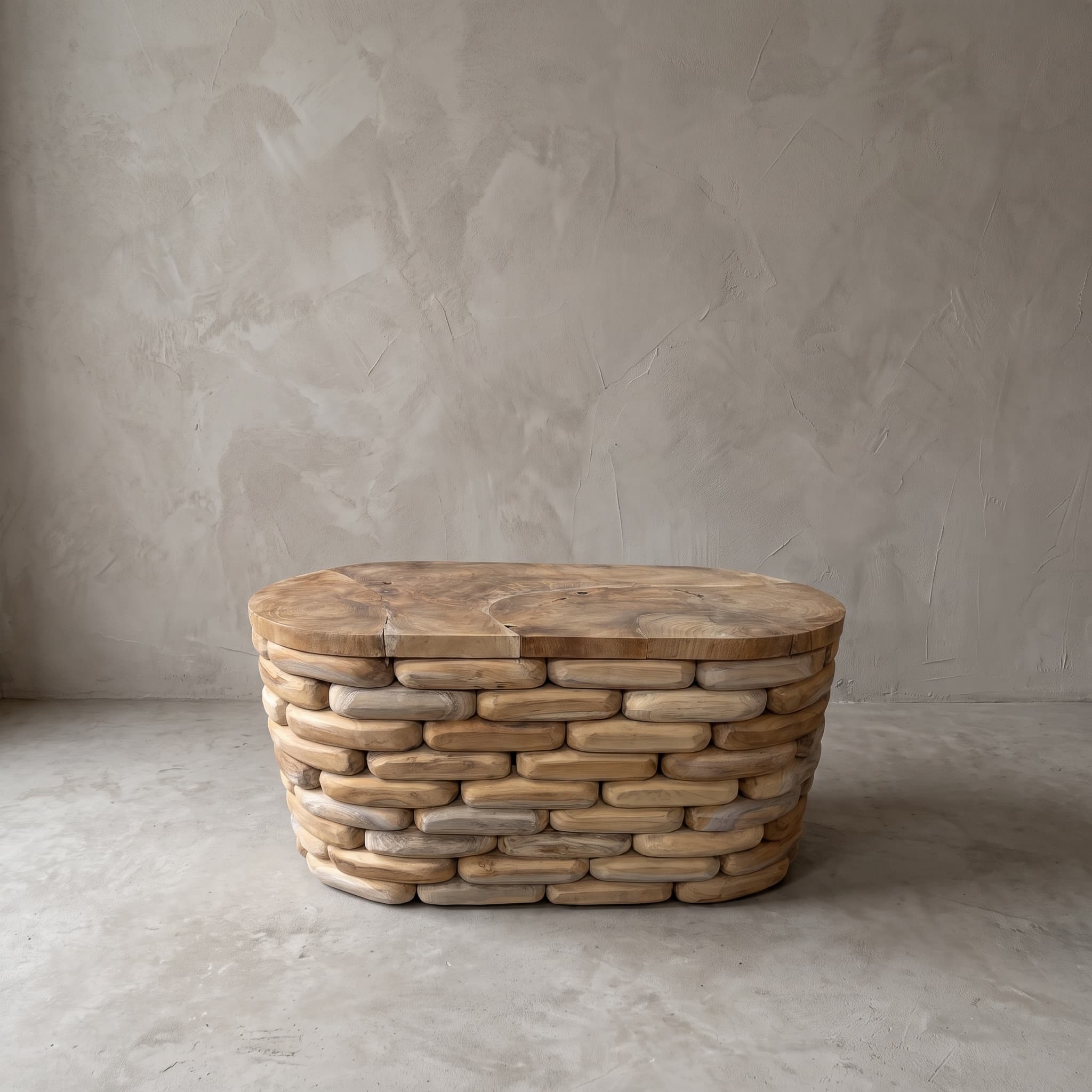 Salontafel Arunja van gerecycled teak, ovaal, vooraanzicht van het blad op rijen afgeronde blokjes