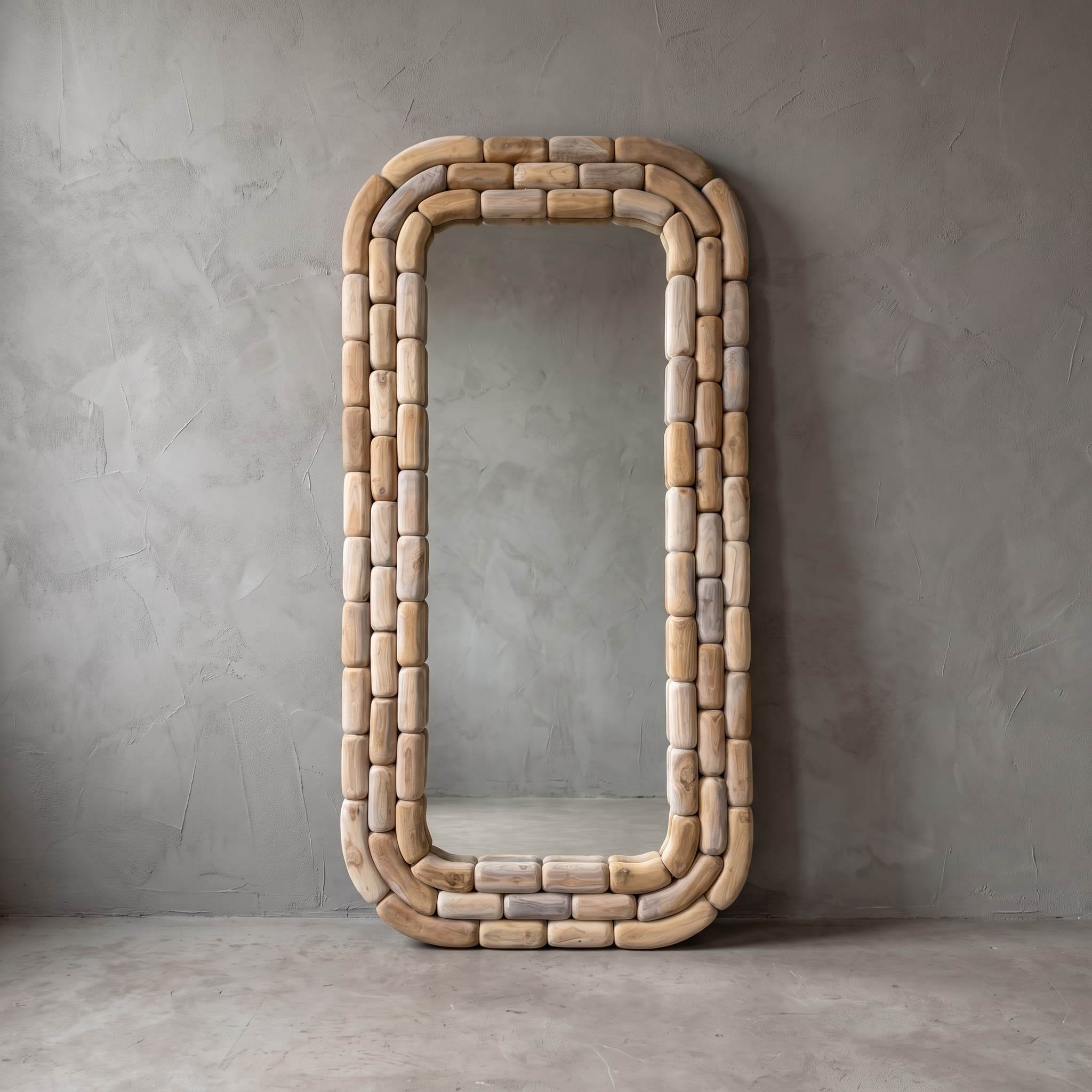 Spiegel Arunja van gerecycled teak, hoge rechthoek met ronde hoeken, een dikke rand van kleine lichte en grijze teakblokjes