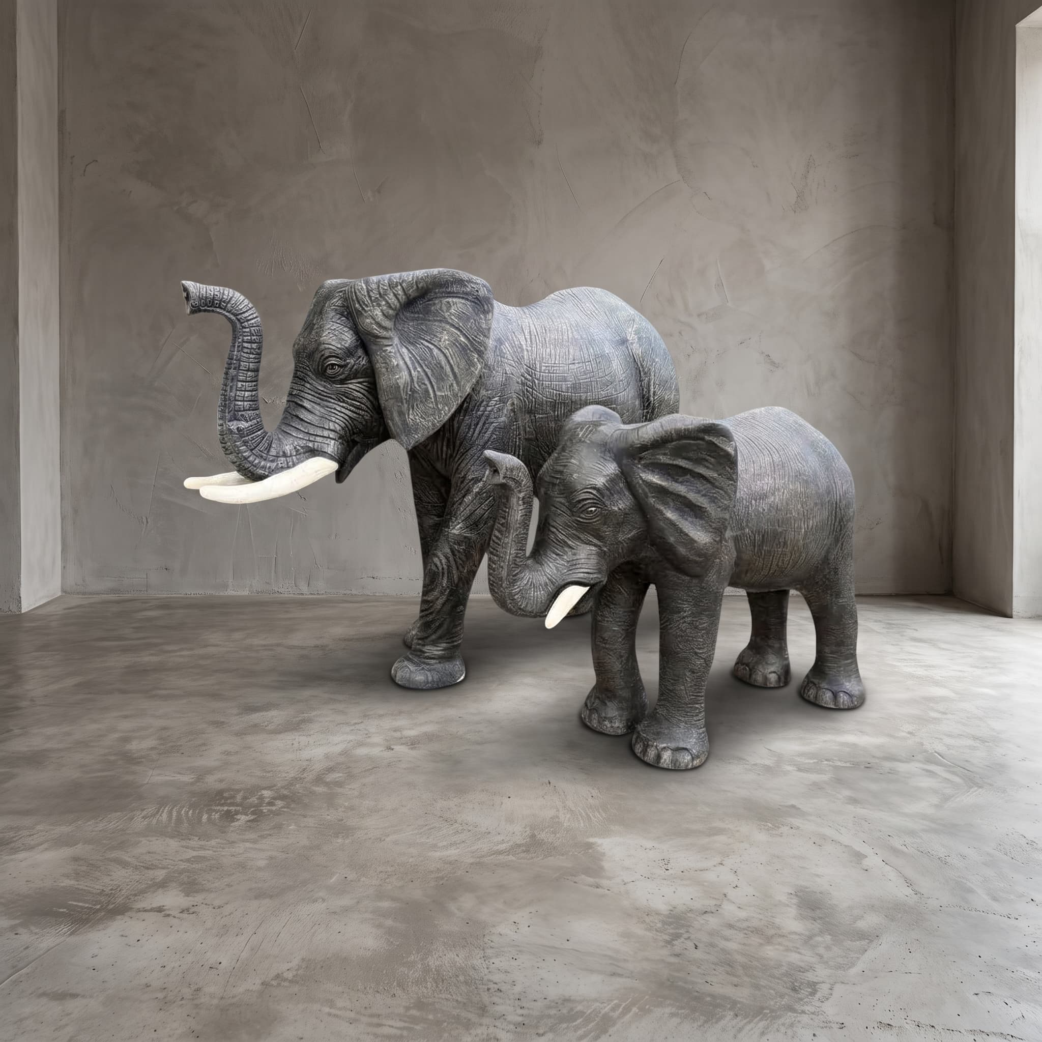 Olifant van polystone, olifanten in verschillende maten naast elkaar met opgeheven slurf en witte slagtanden