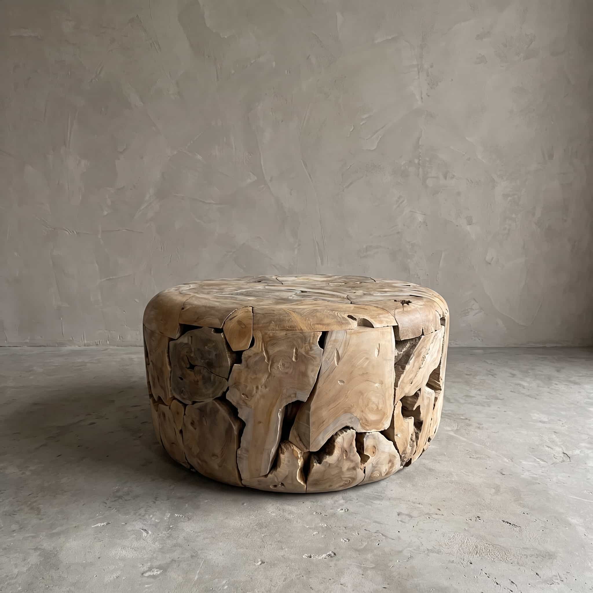 Salontafel Tupat van teak, rond, vooraanzicht van de lage tafel van grillige stukken hout met afgeronde rand