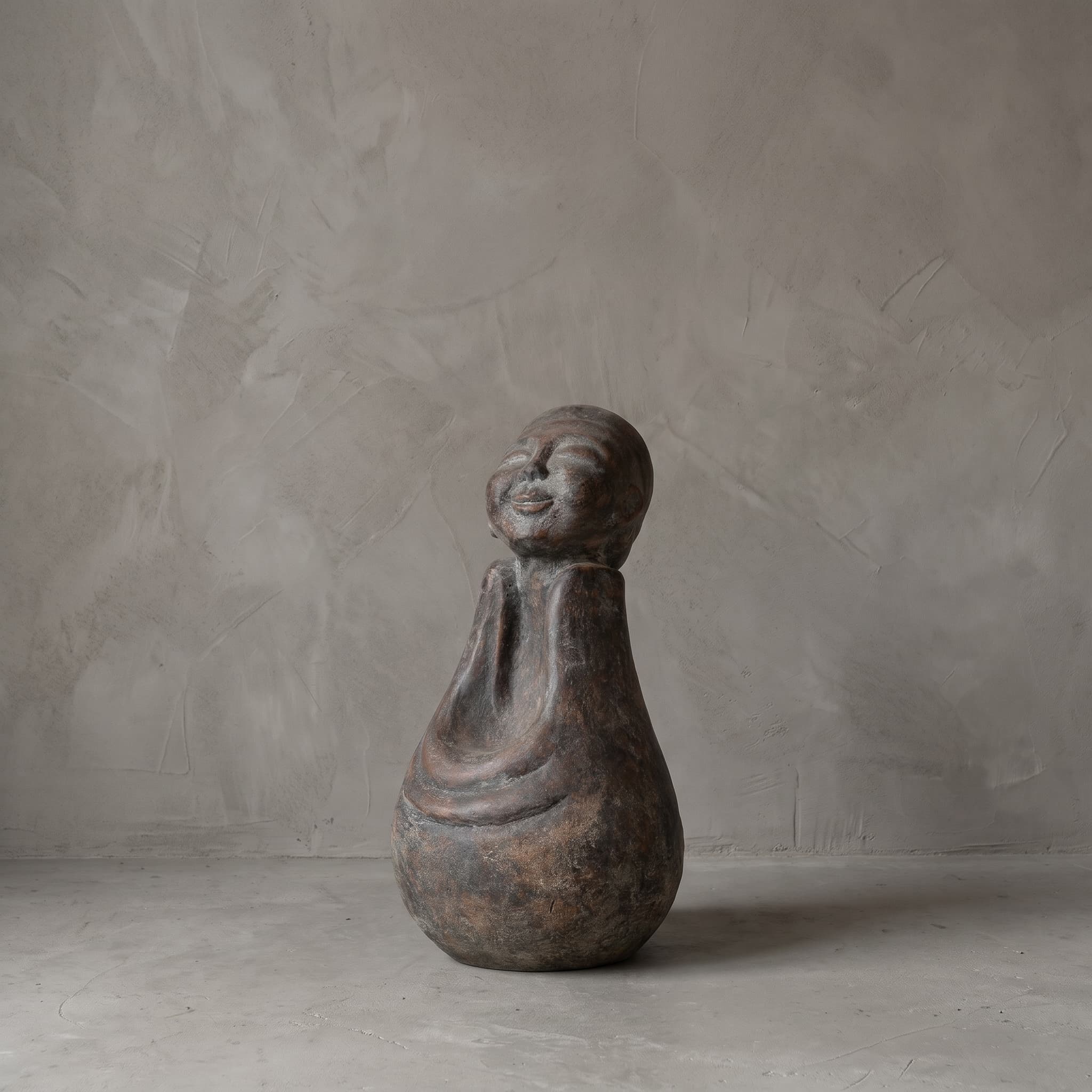 Boeddha Senyum van polystone, schuin vooraanzicht van de glimlachende figuur met gevouwen handen voor een grijze wand