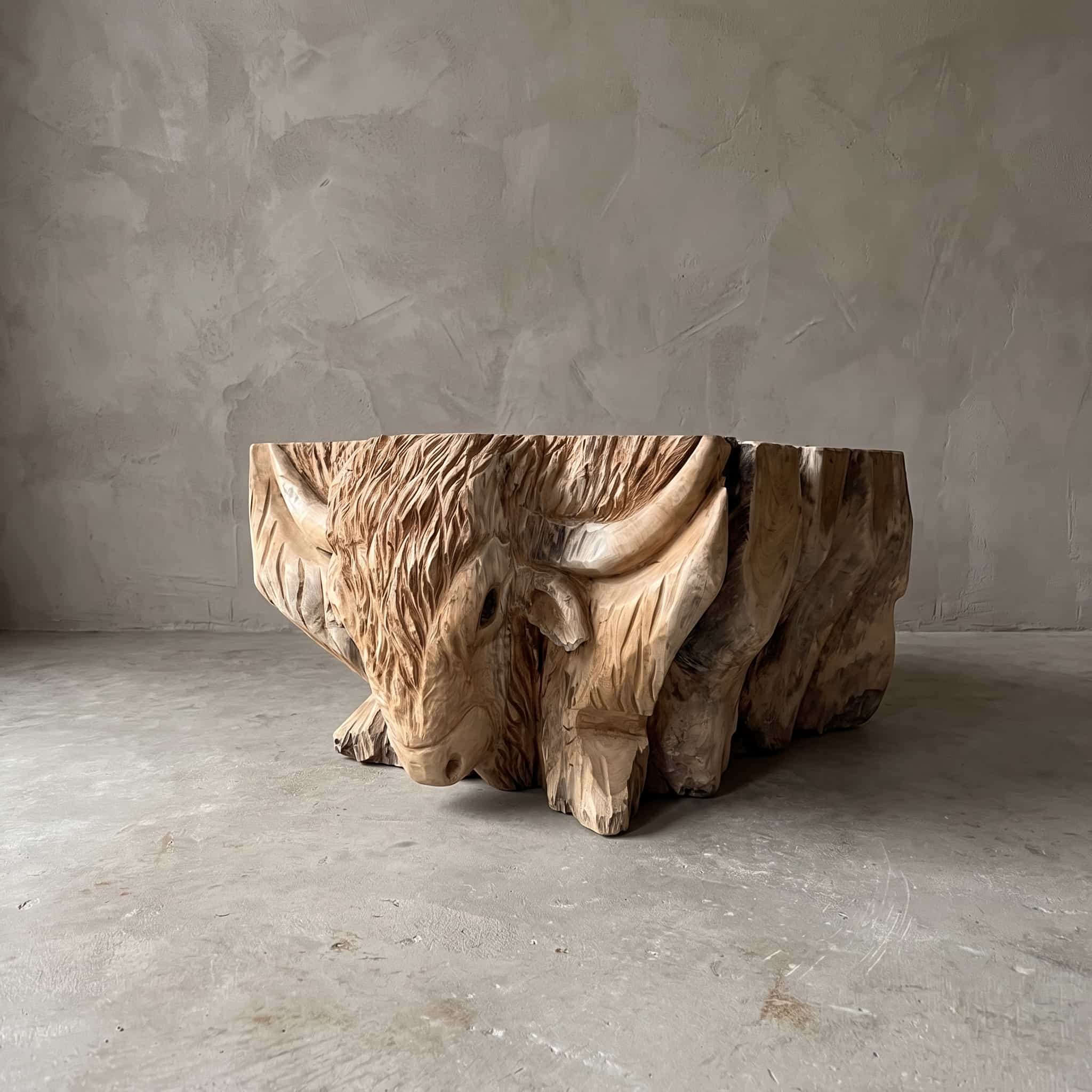 Salontafel Amazone van wortelhout, vooraanzicht van een uitvoering met een stier met horens vooraan in de wortel