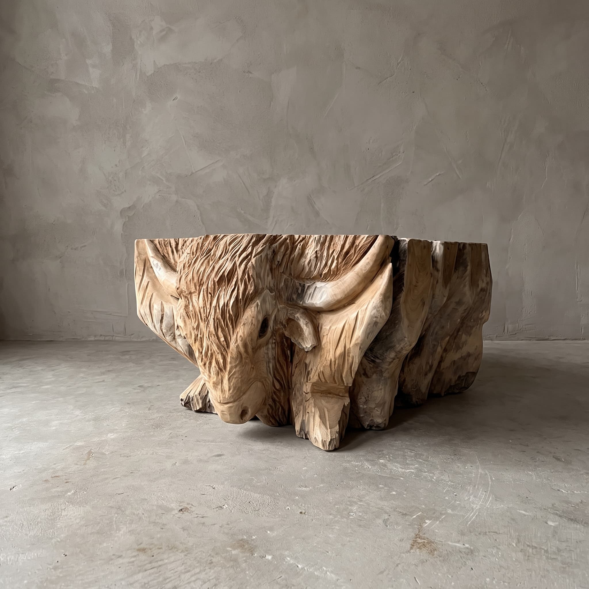 Salontafel Amazone van wortelhout, vooraanzicht van een uitvoering met een stier met horens vooraan in de wortel